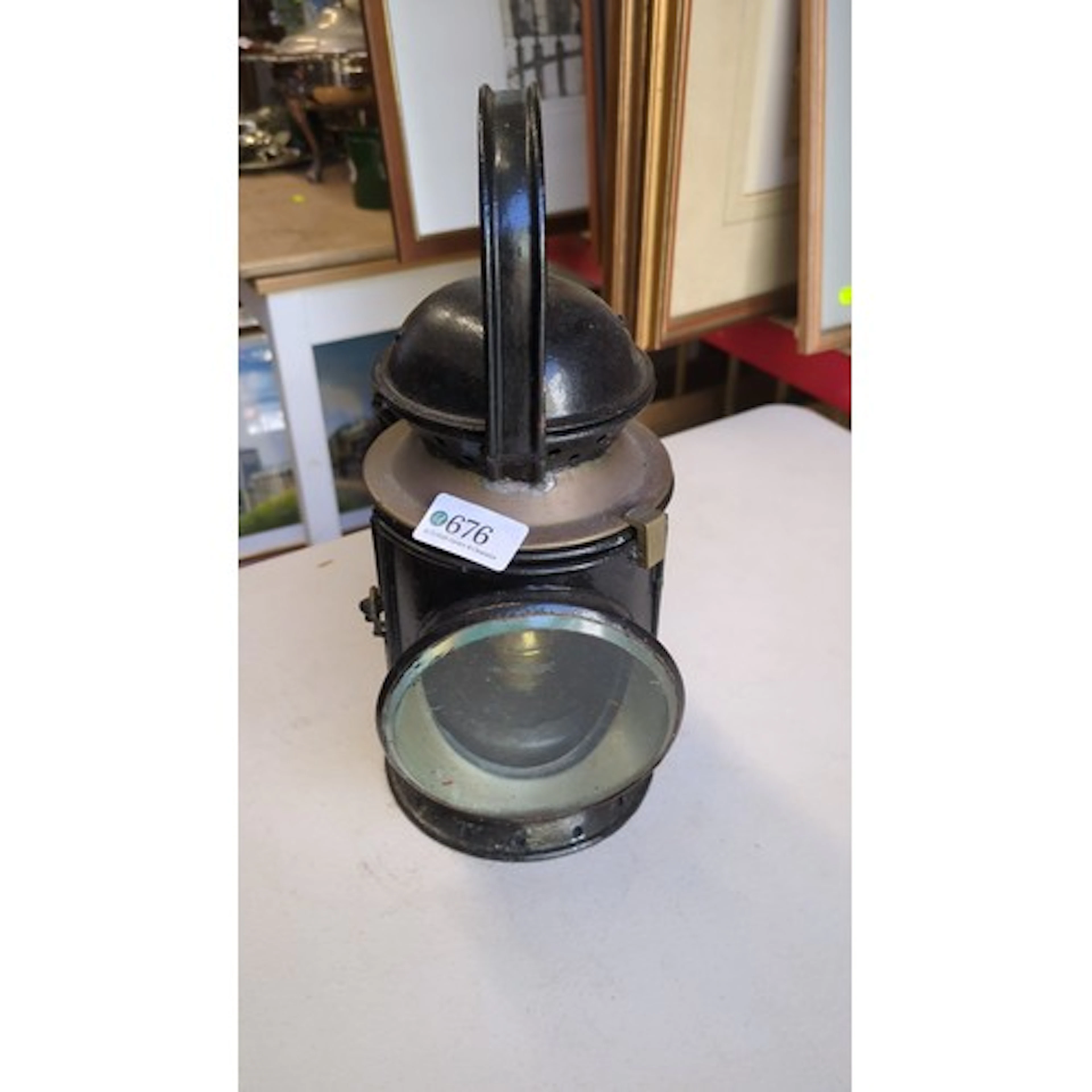 Early 20th century metal railway signal hand lamp, black-pai...