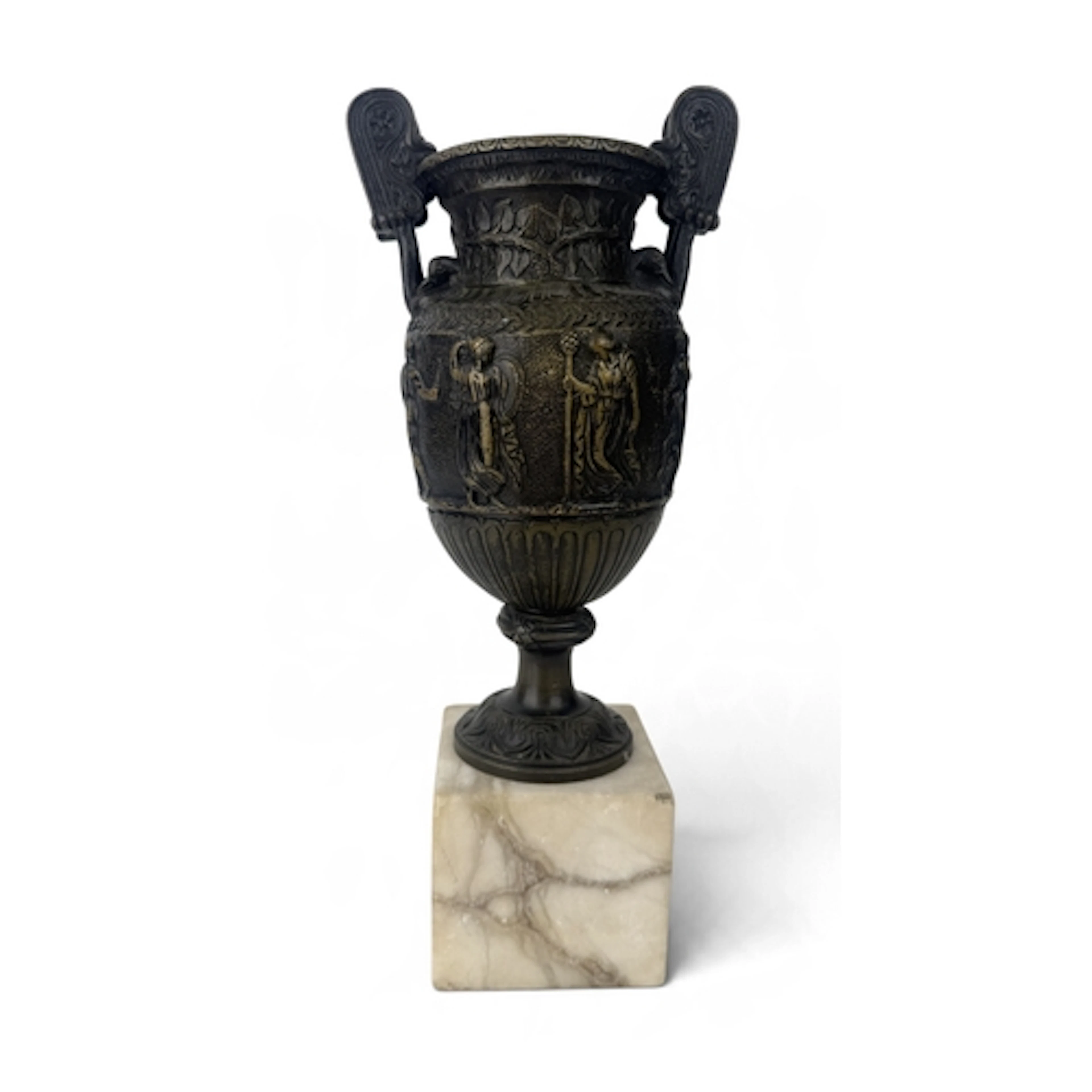 A GRAND TOUR BRONZE URN 24cm H On stone base. ...