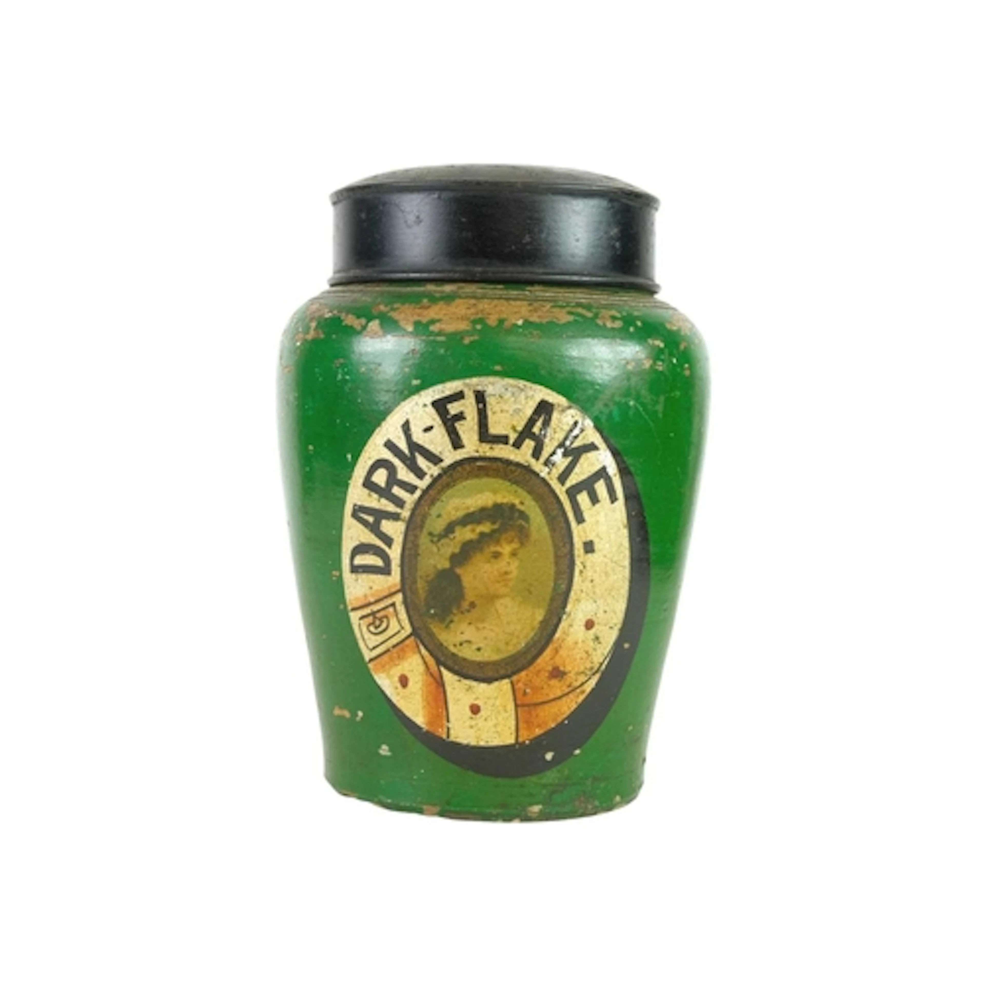 A Dark Flake tobacconist's jar and tinned cover. The green g...