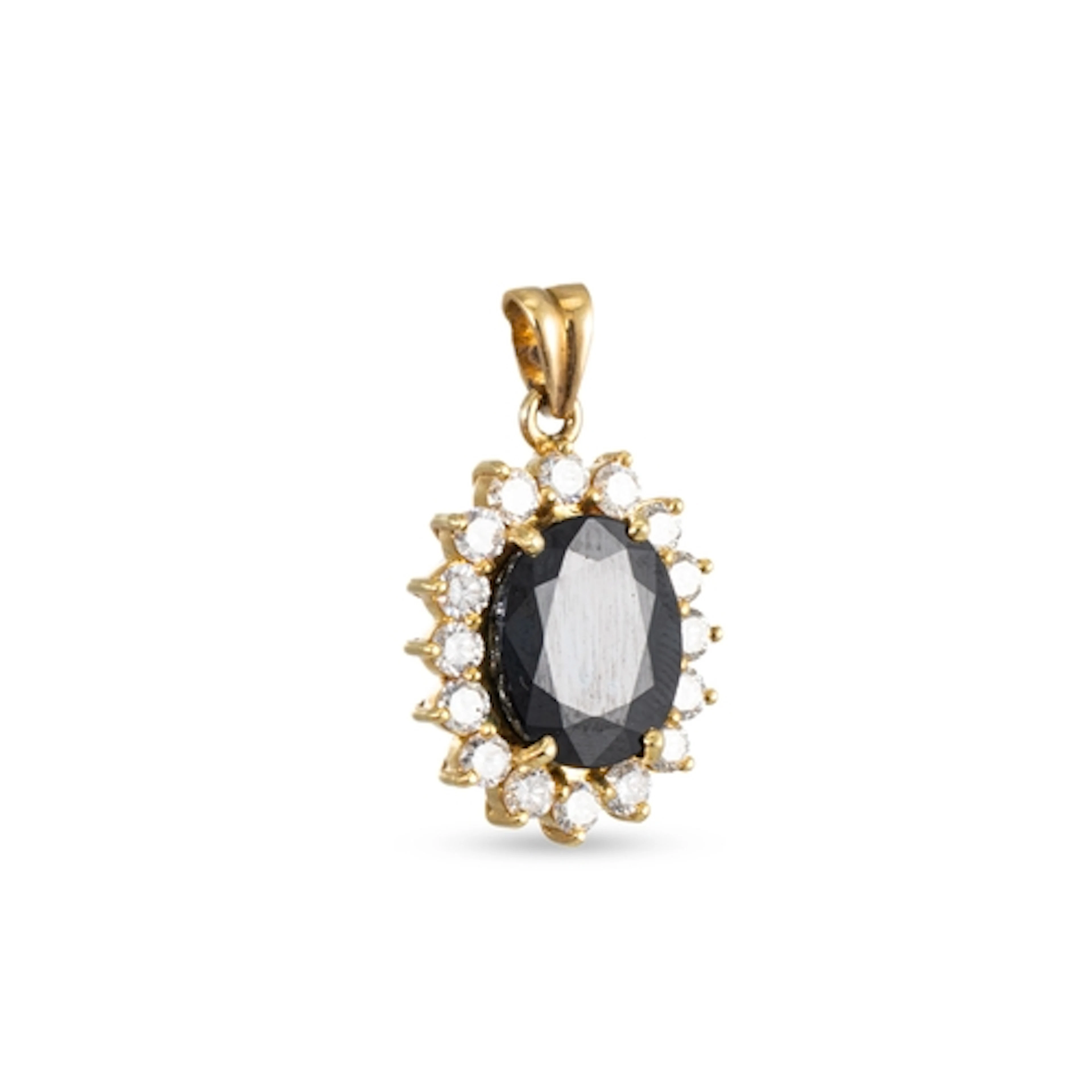 A SAPPHIRE AND DIAMOND CLUSTER PENDANT, the oval sapphire to...