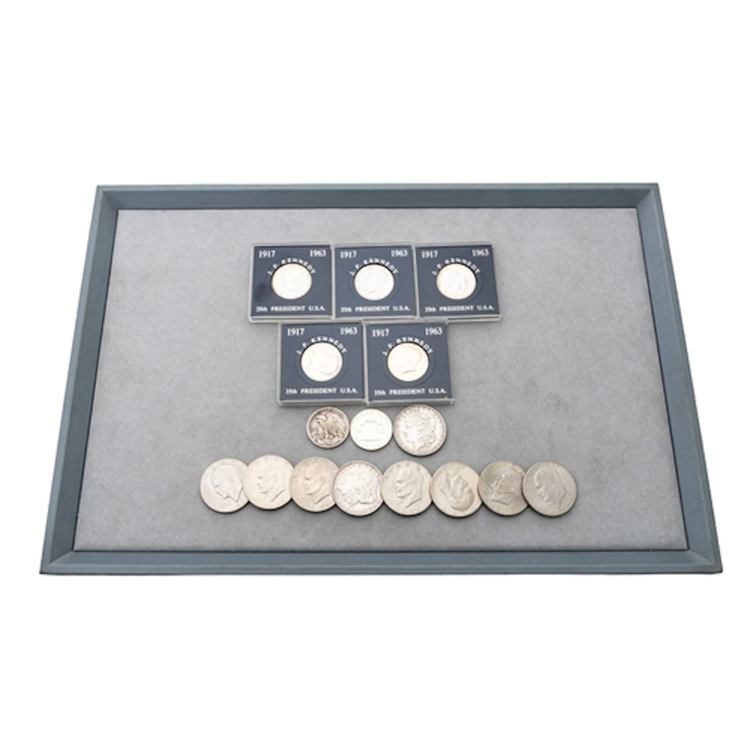 5 X CASED 1964 KENNEDY SILVER $½ COINS, plus 2 x silver $1 &...