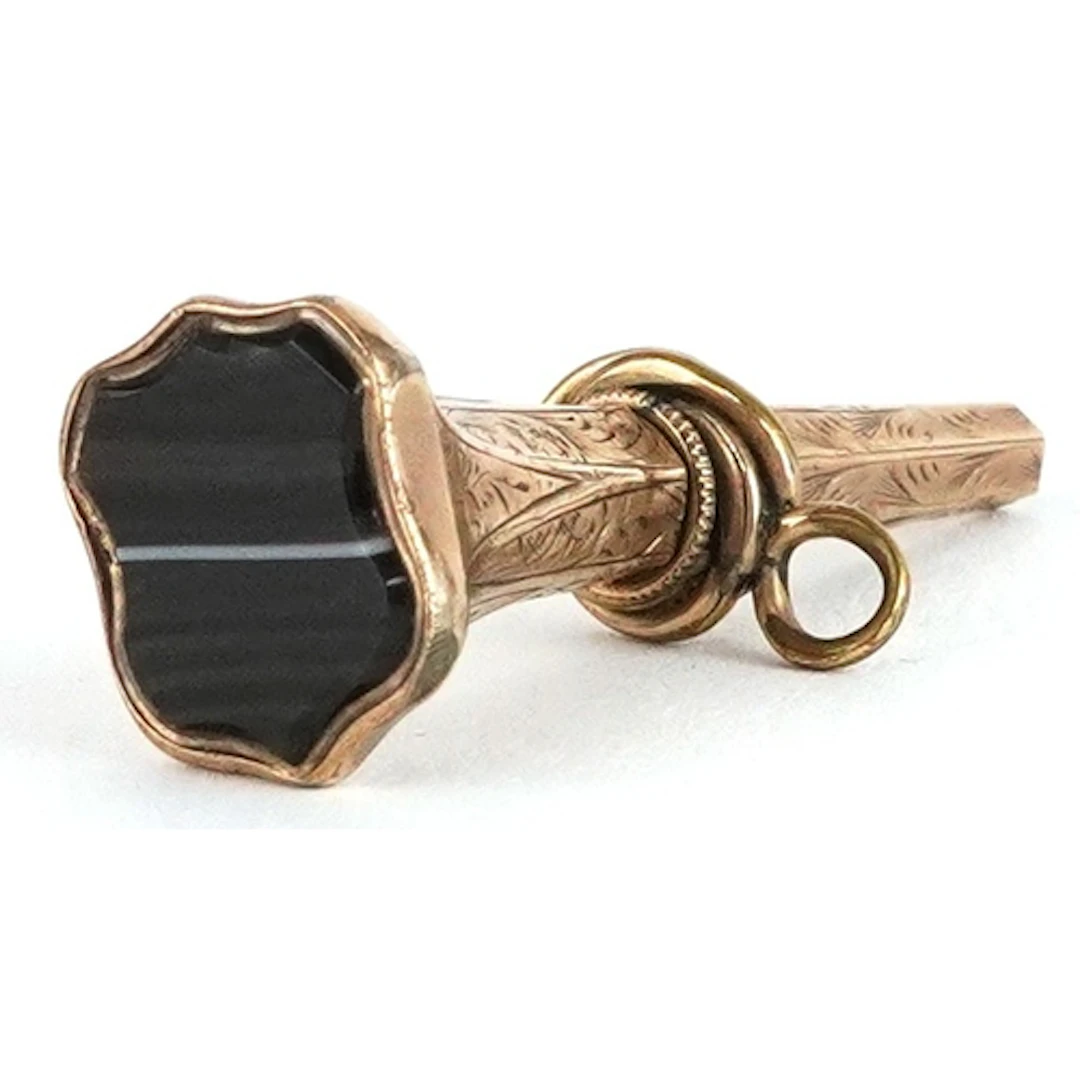 Antique yellow metal and banded agate watch key, 3.5cm wide,...