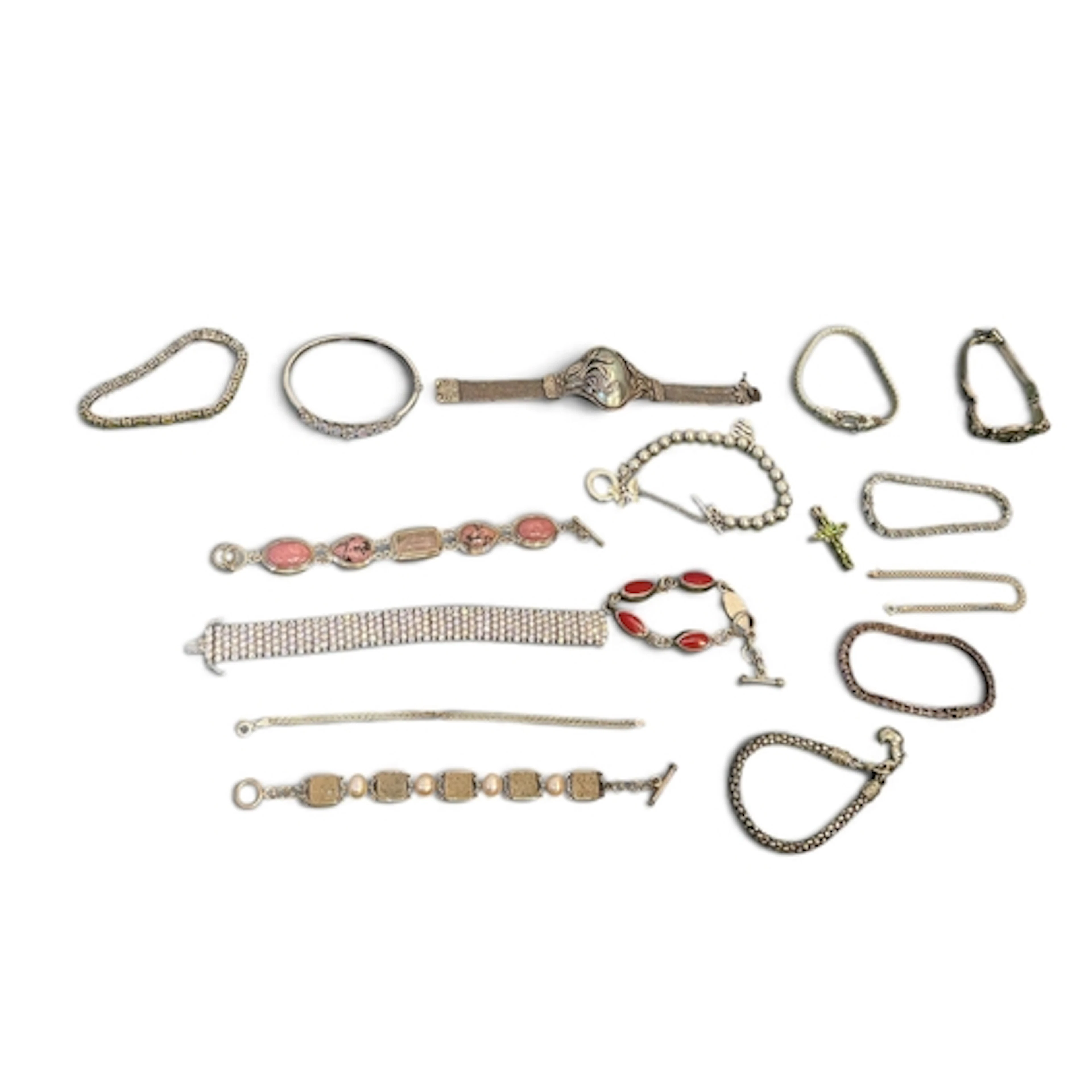 A COLLECTION OF BRACELETS TO INCLUDE MANY STONE SET Gross we...
