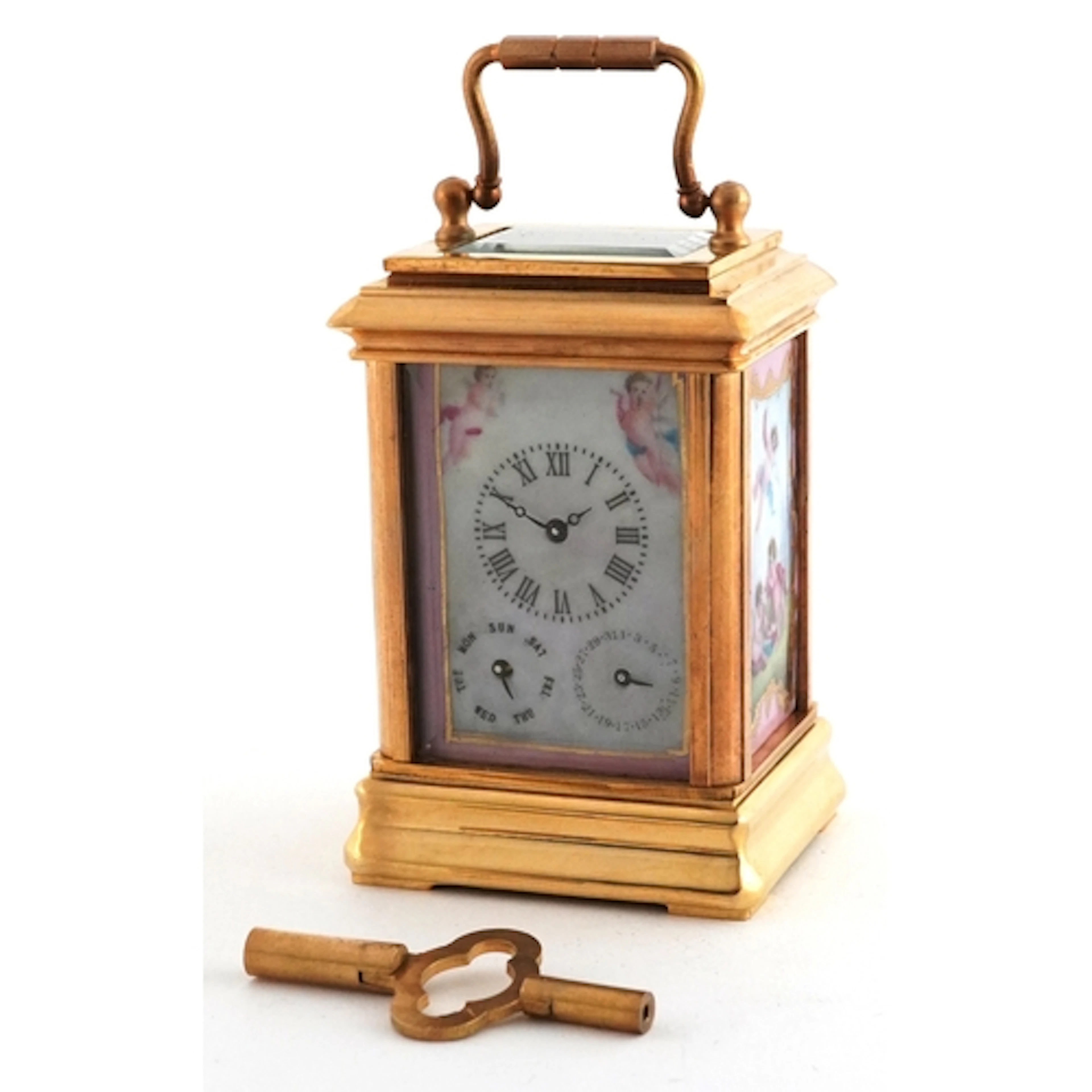 Miniature brass cased carriage clock with swing handle and S...