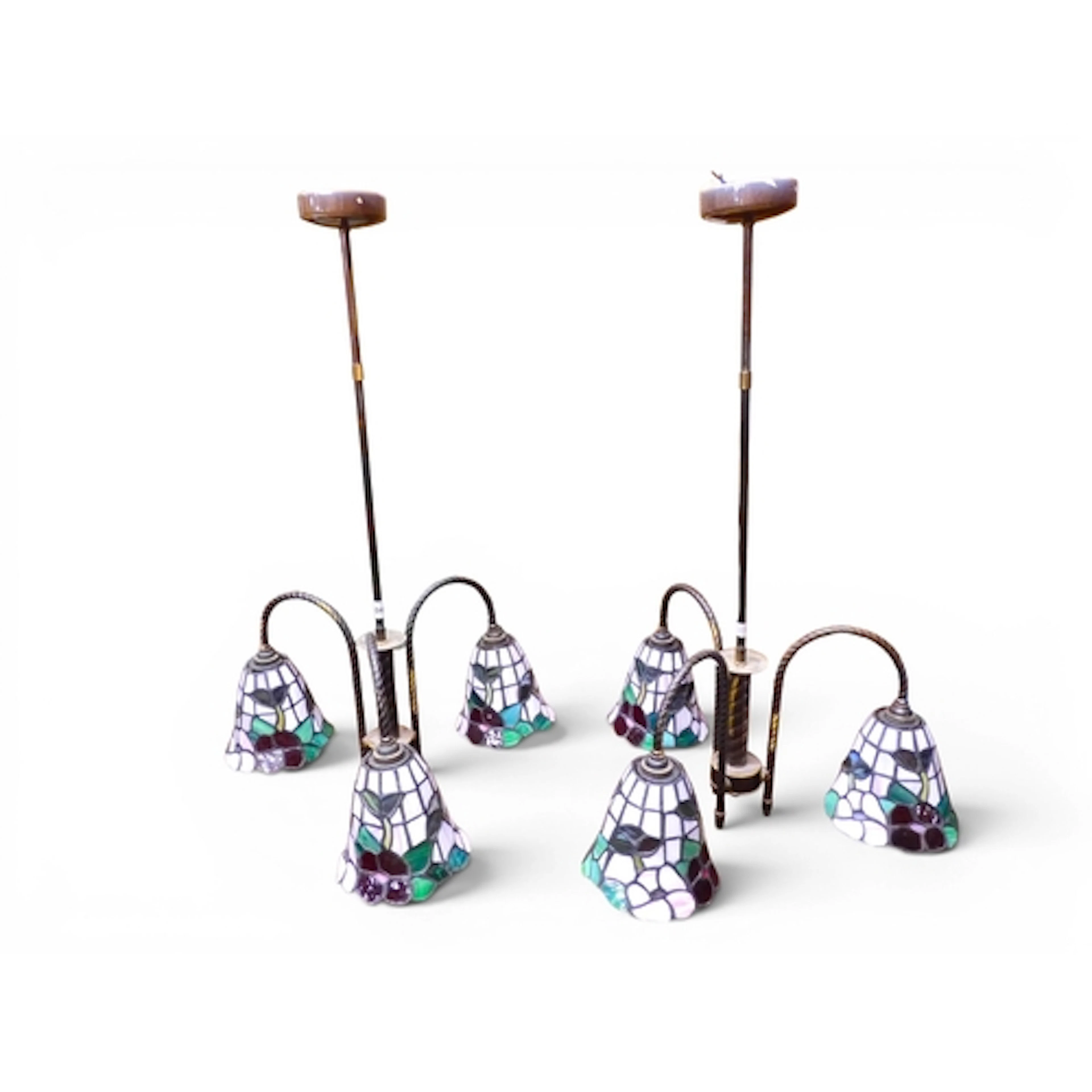 A pair of contemporary three branch chandeliers with Tiffany...