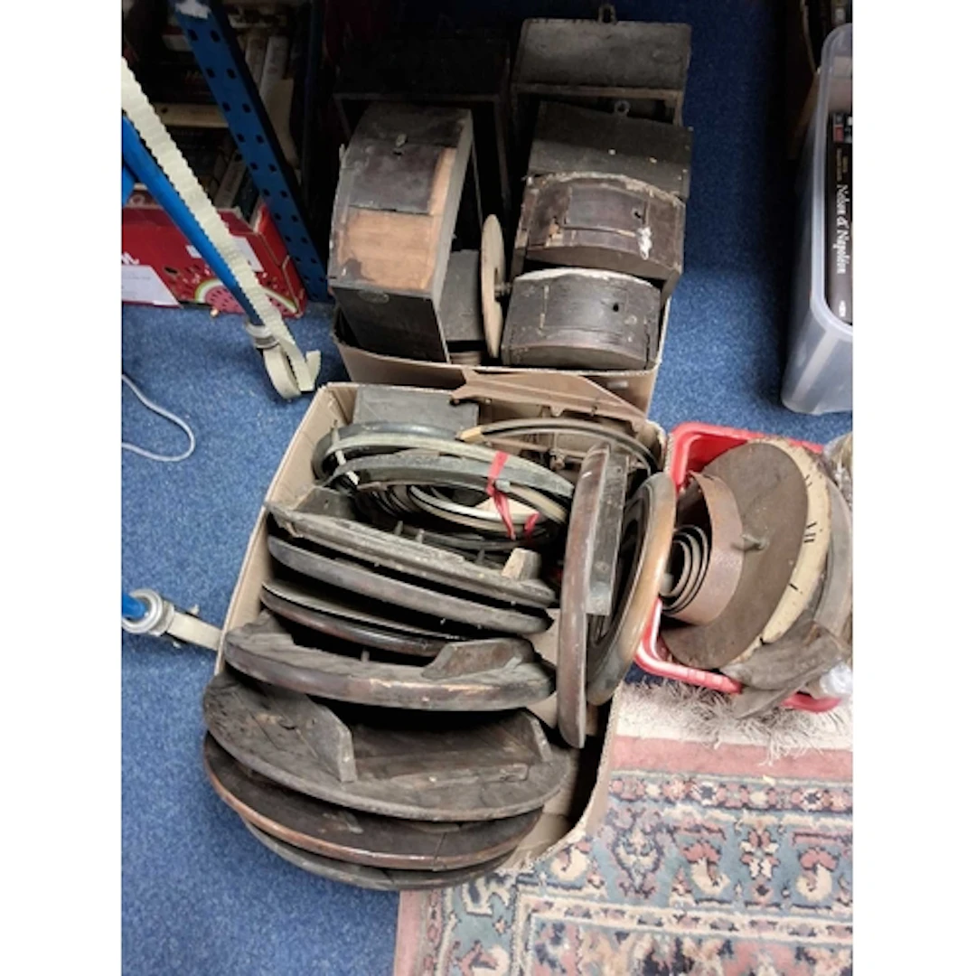 THREE BOXES OF ANTIQUE WALL CLOCK PARTS to include cases, cl...