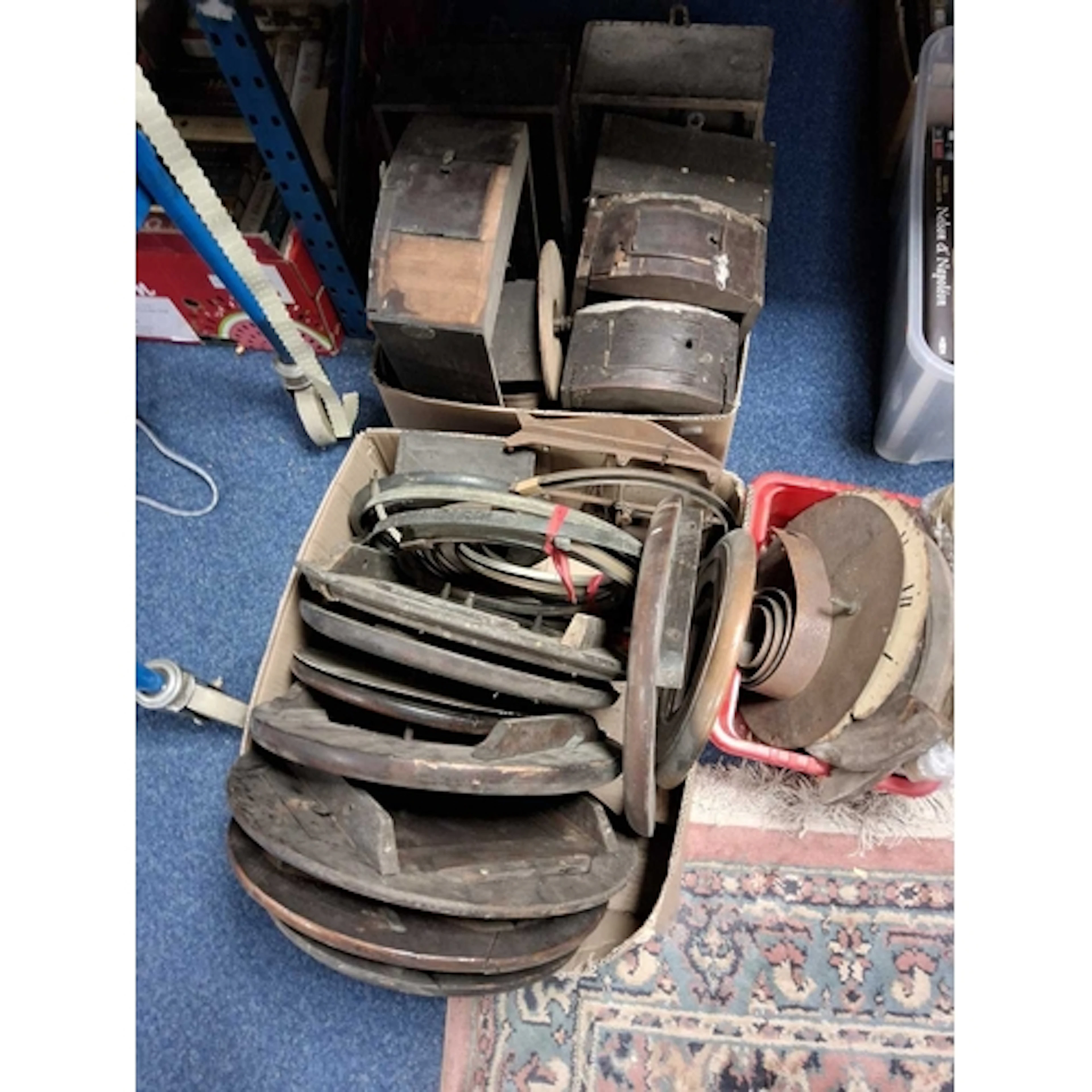 THREE BOXES OF ANTIQUE WALL CLOCK PARTS to include cases, cl...