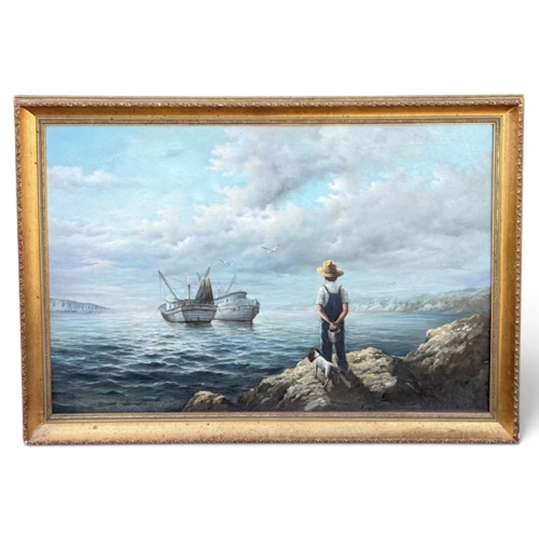 20TH CENTURY SCHOOL: BOY AND DOG BY THE COAST Oil on canvas....
