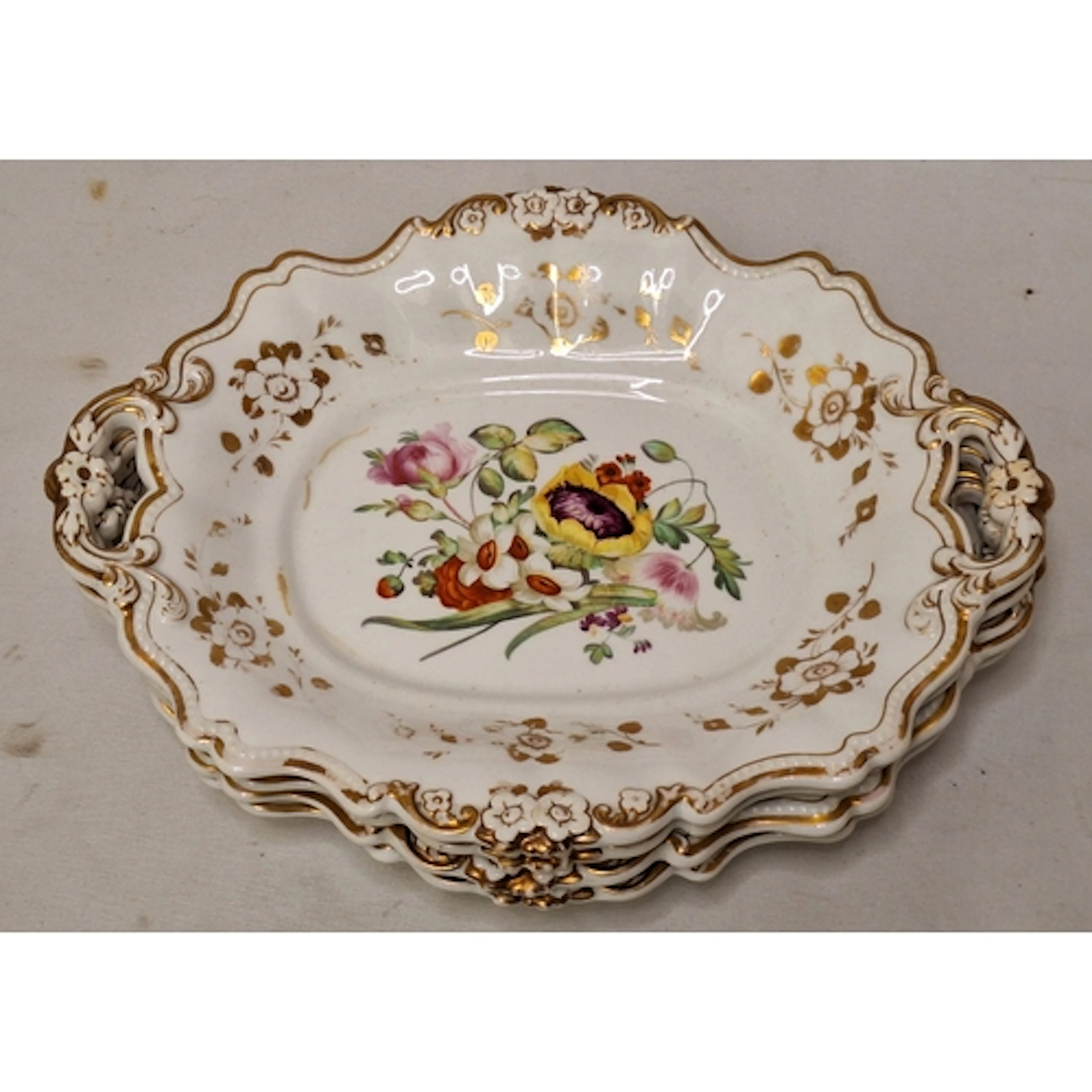 4 Antique Dresden Style Porcelain Oval Serving Plates with o...