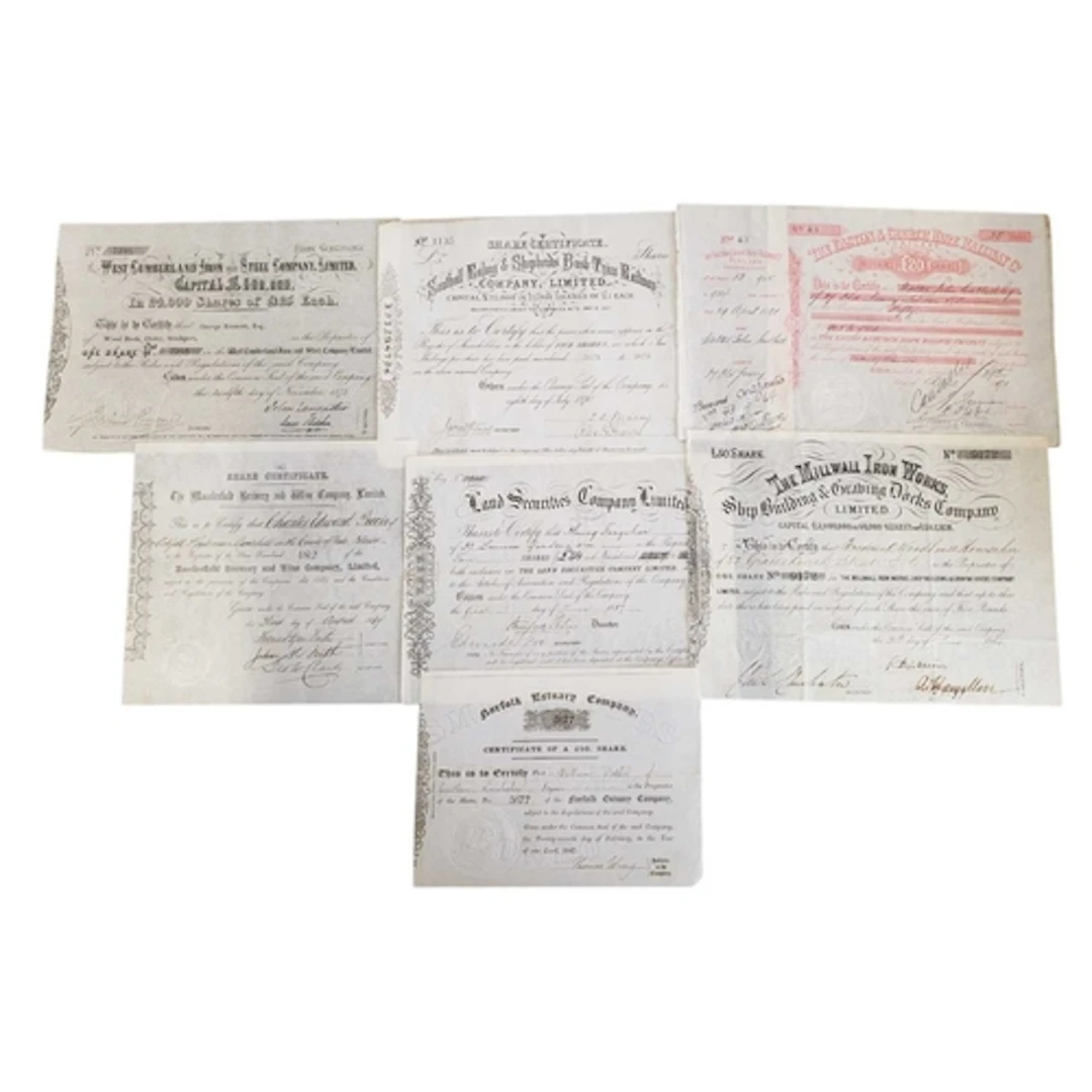 Collection of 19th century UK certificates of shares. To inc...