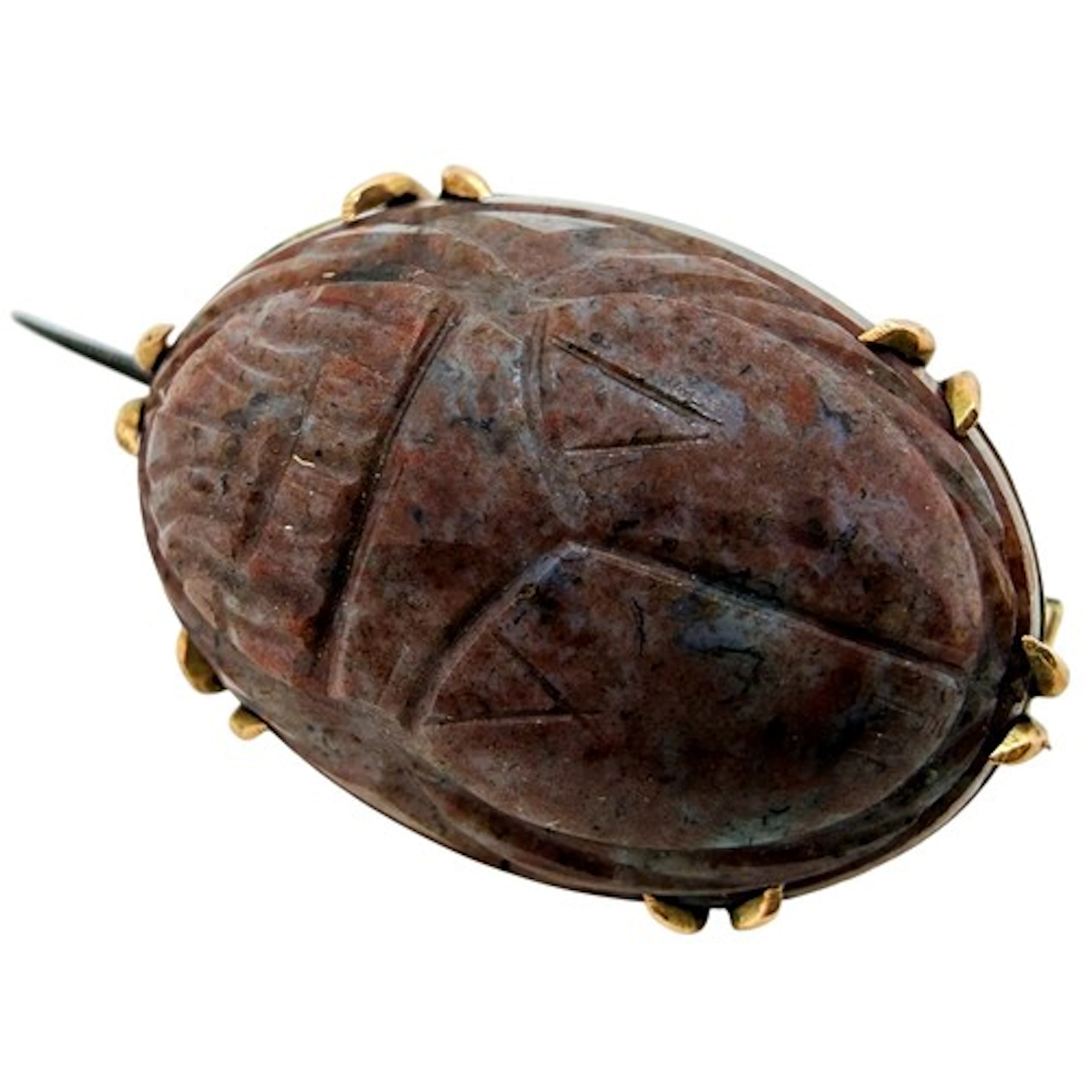 A 15ct gold-mounted carved hardstone scarab brooch, the oval...