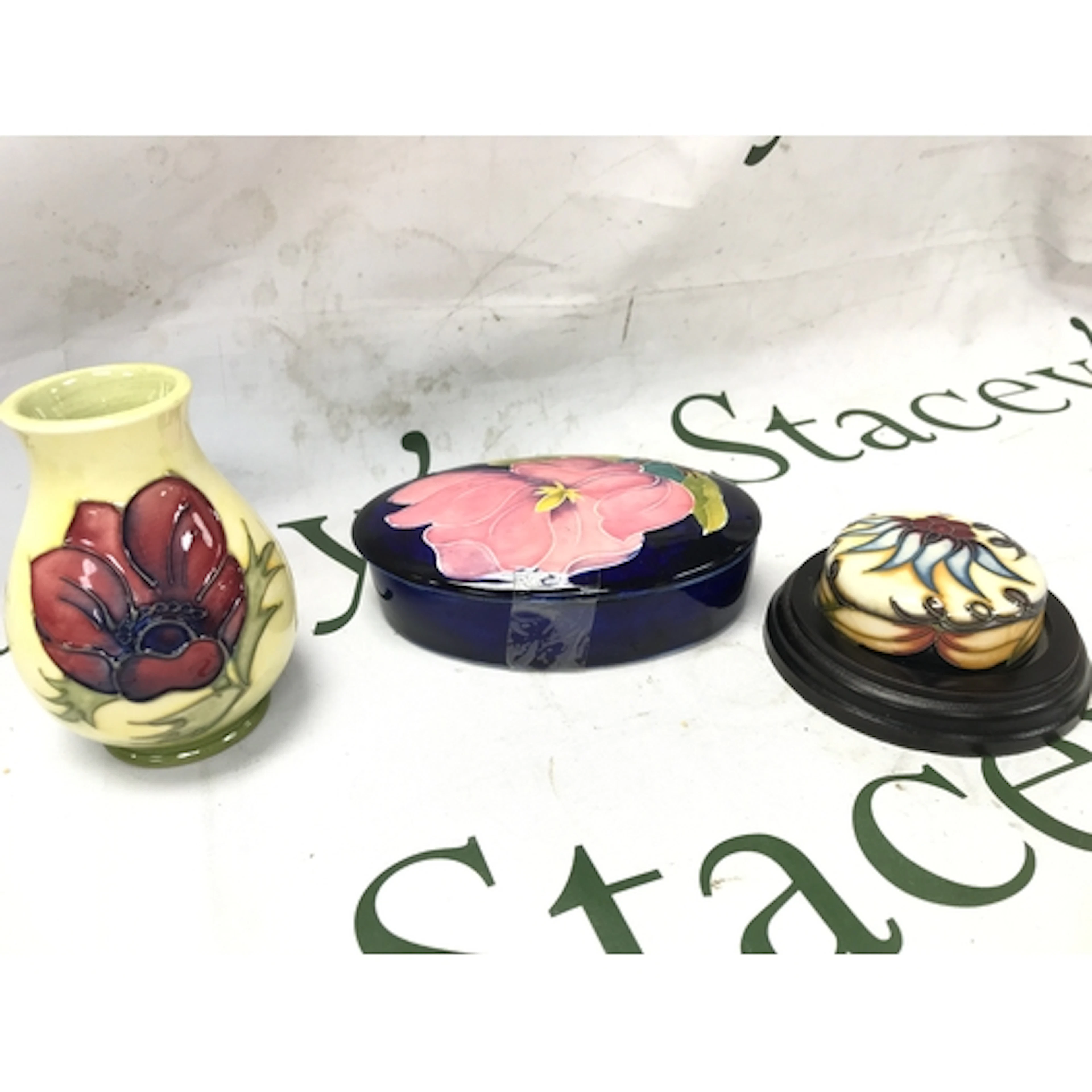 Three Moorcroft items a dish + lid, paperweight , vase