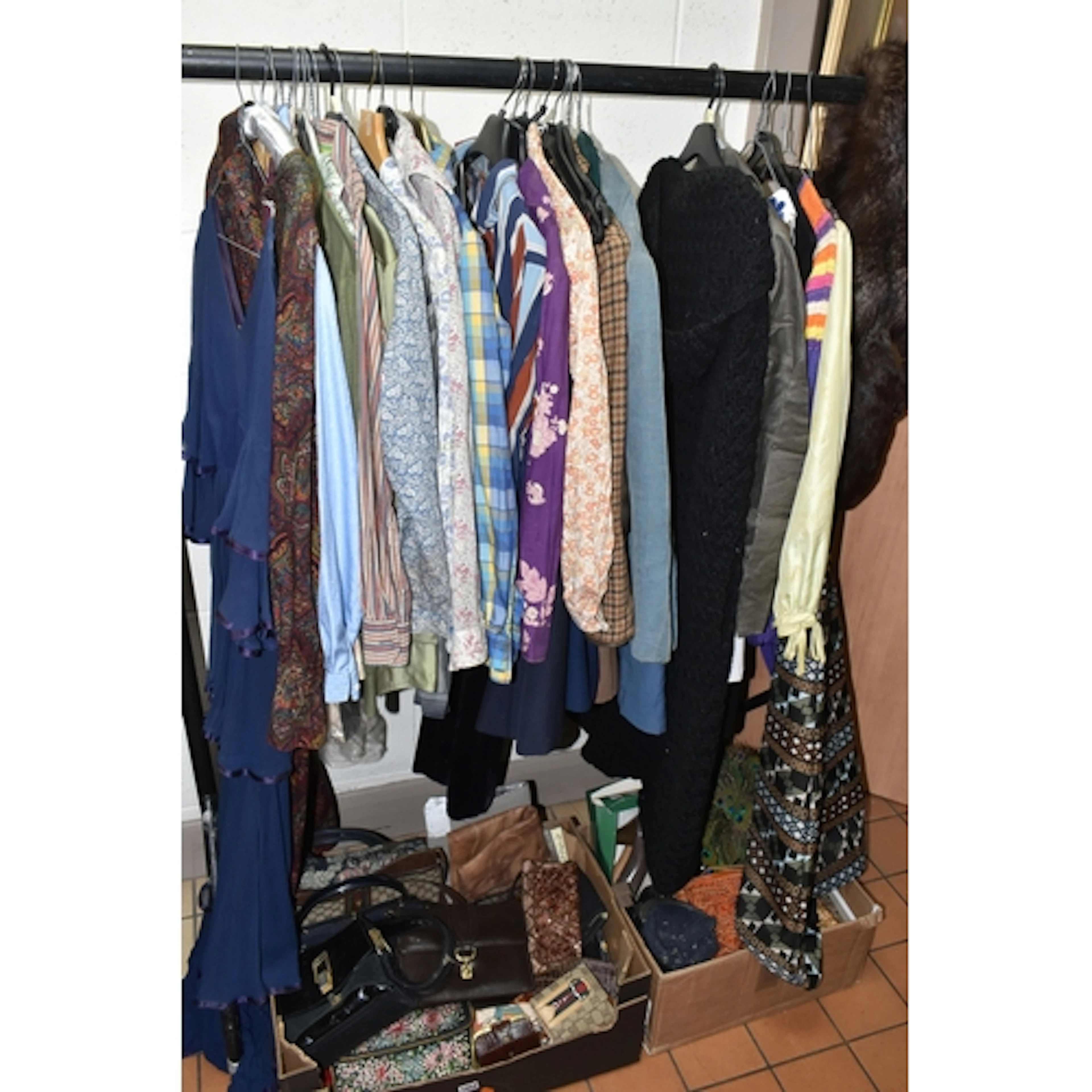 TWO BOXES AND LOOSE VINTAGE LADIES' CLOTHES AND ACCESSORIES,...