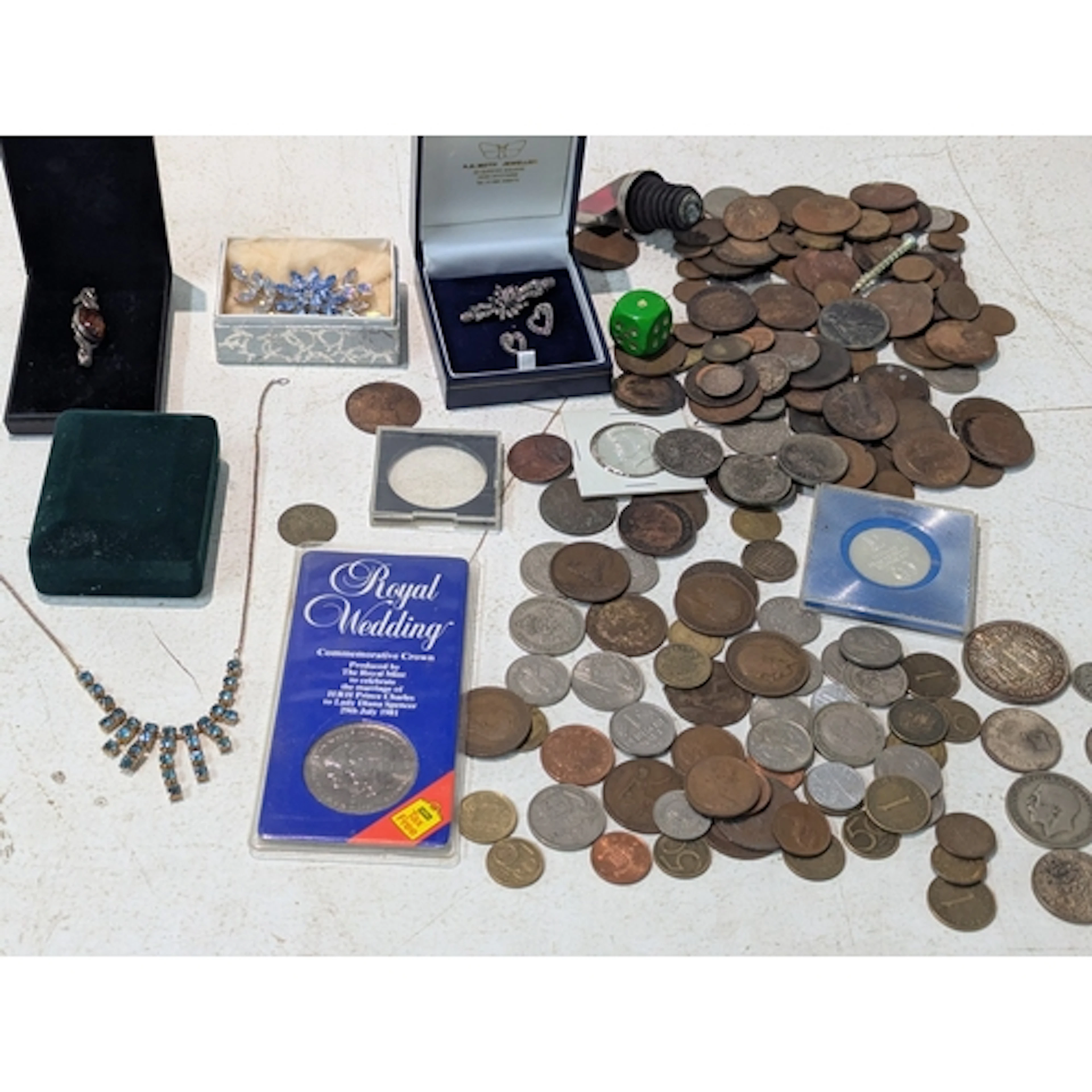 Costume jewellery and world coinage to include a pair of sil...