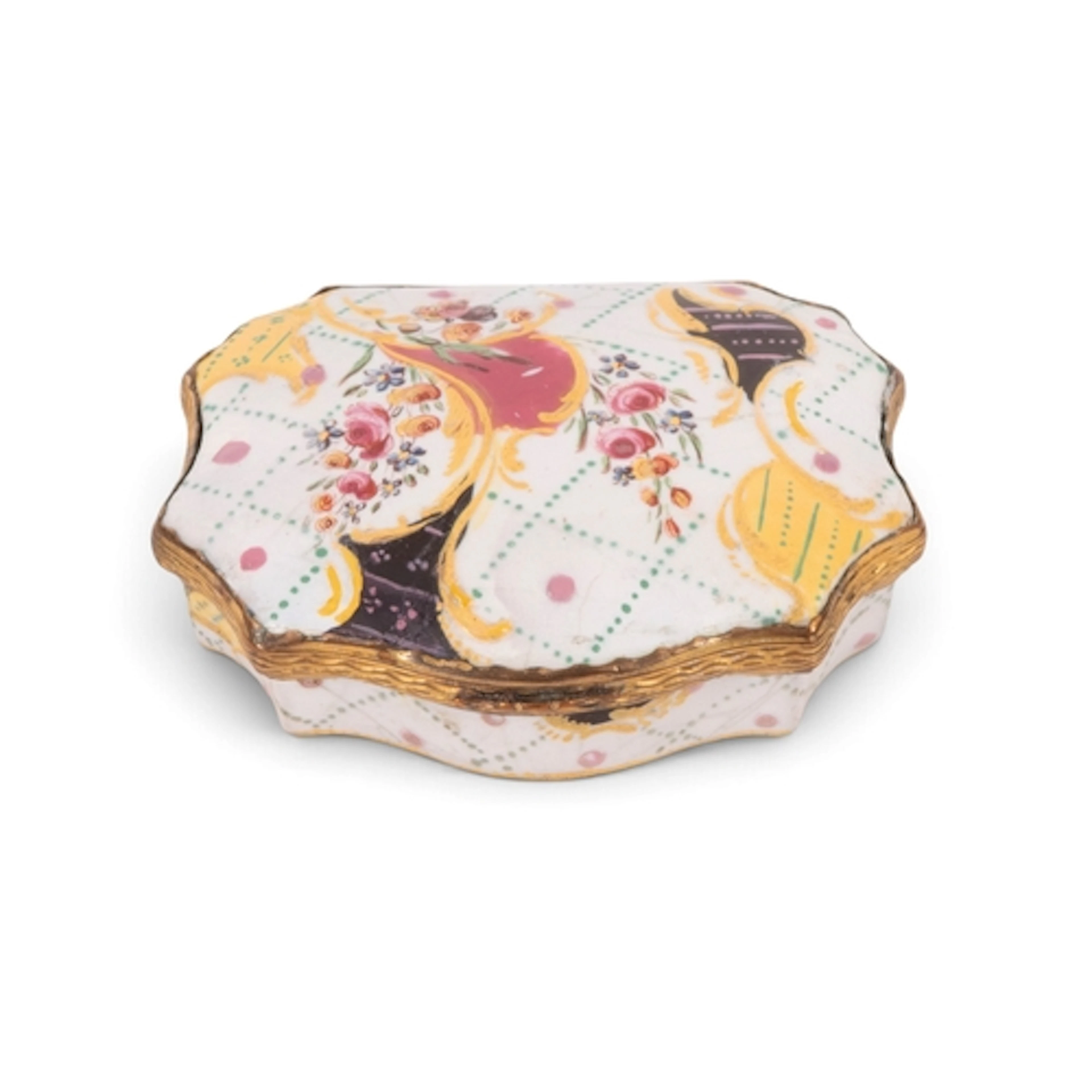 An English enamel snuff box, c.1770-80, of shallow rococo sh...