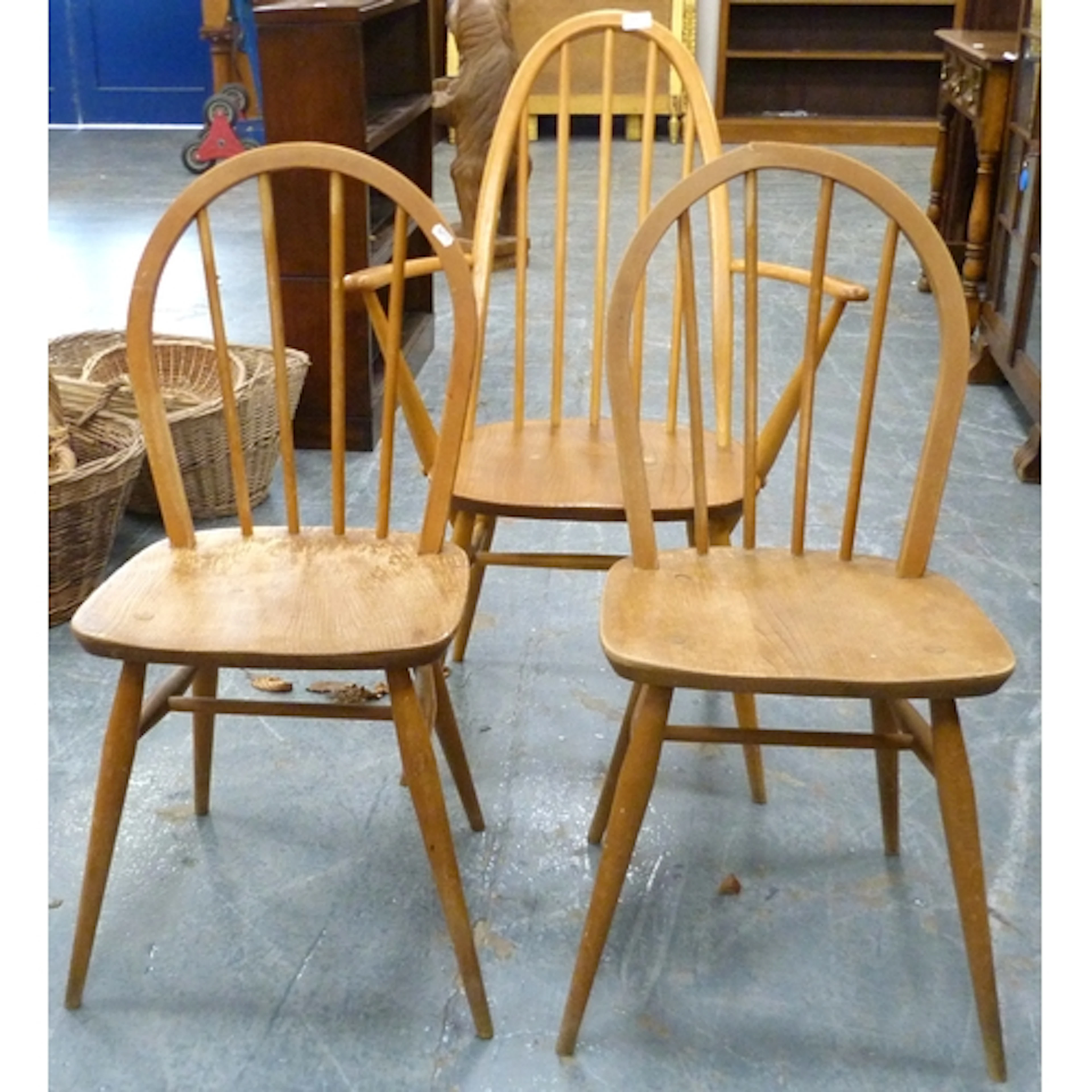 Mid-Century Ercol style spindle back carver chair and two si...