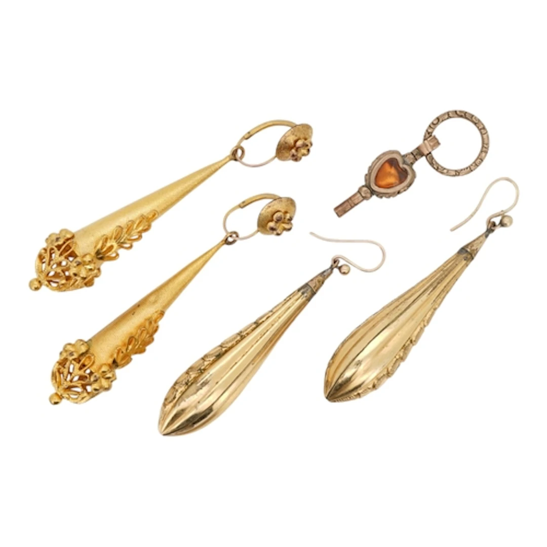 Two pairs of gilt metal drop earrings and a watch key, 19th ...