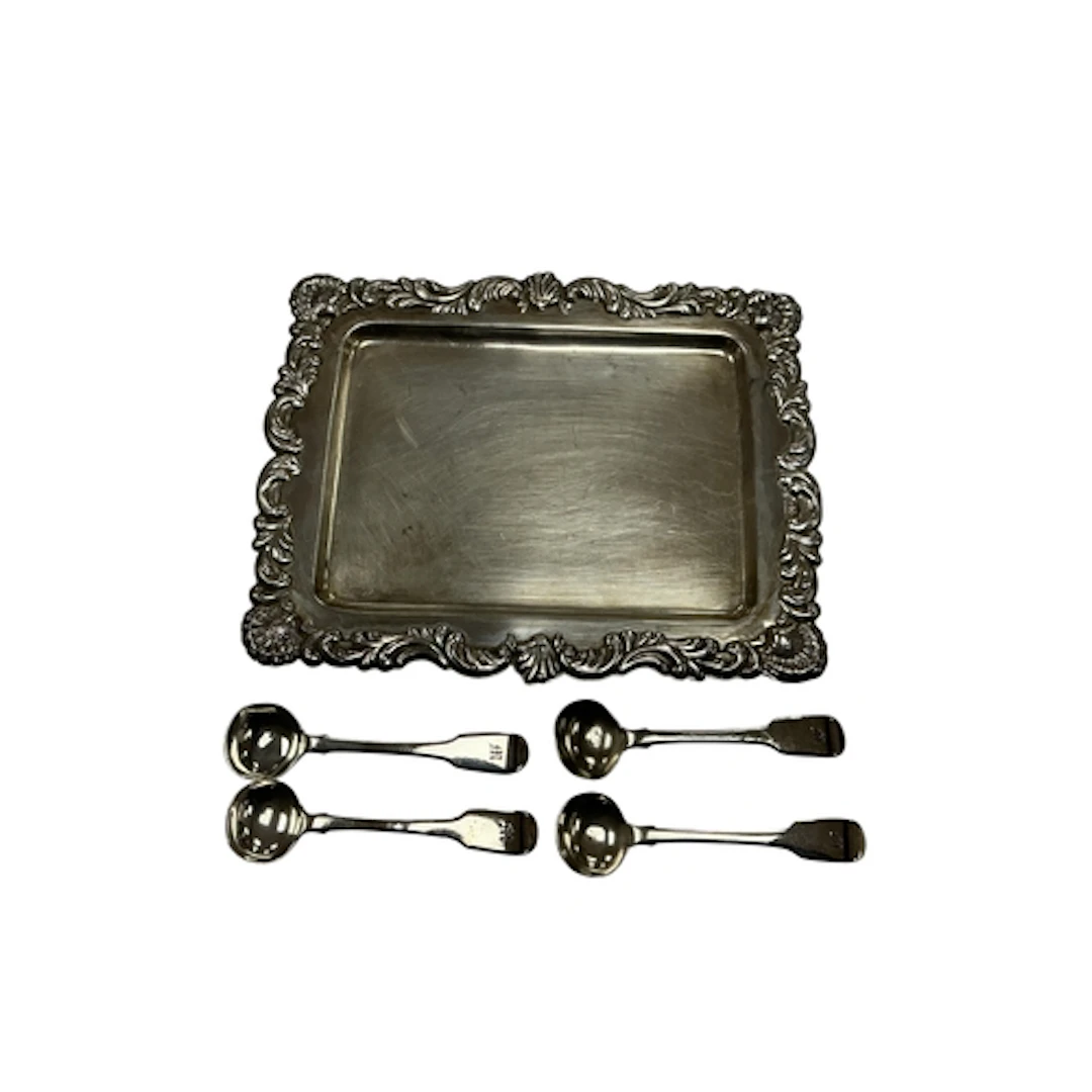 A Spanish small white metal tray, with foliate border, retai...