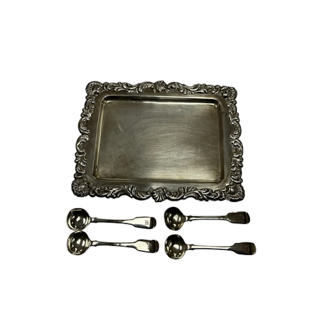 A Spanish small white metal tray, with foliate border, retai...