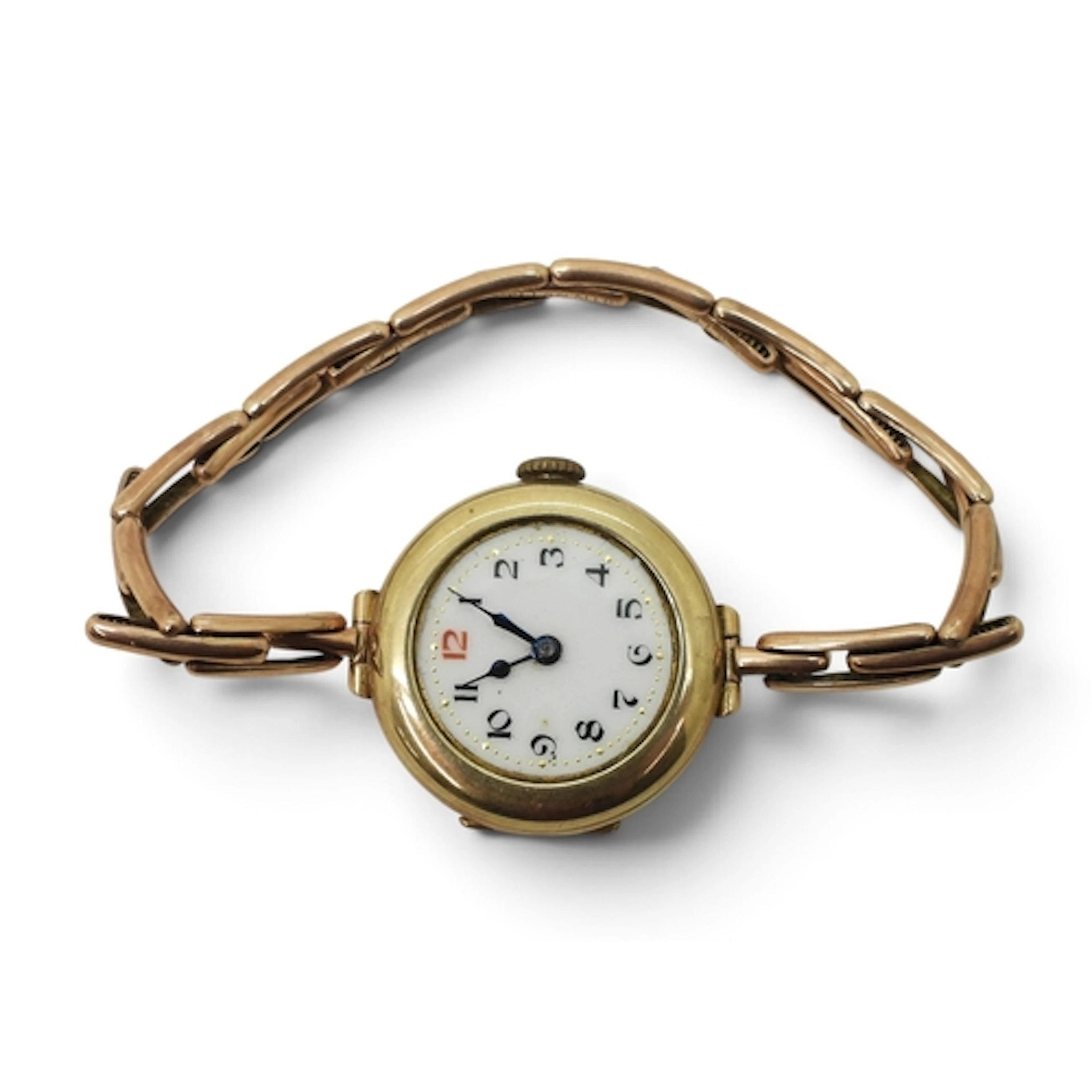 A 9ct gold ladies vintage watch, with red '12' and black Ara...
