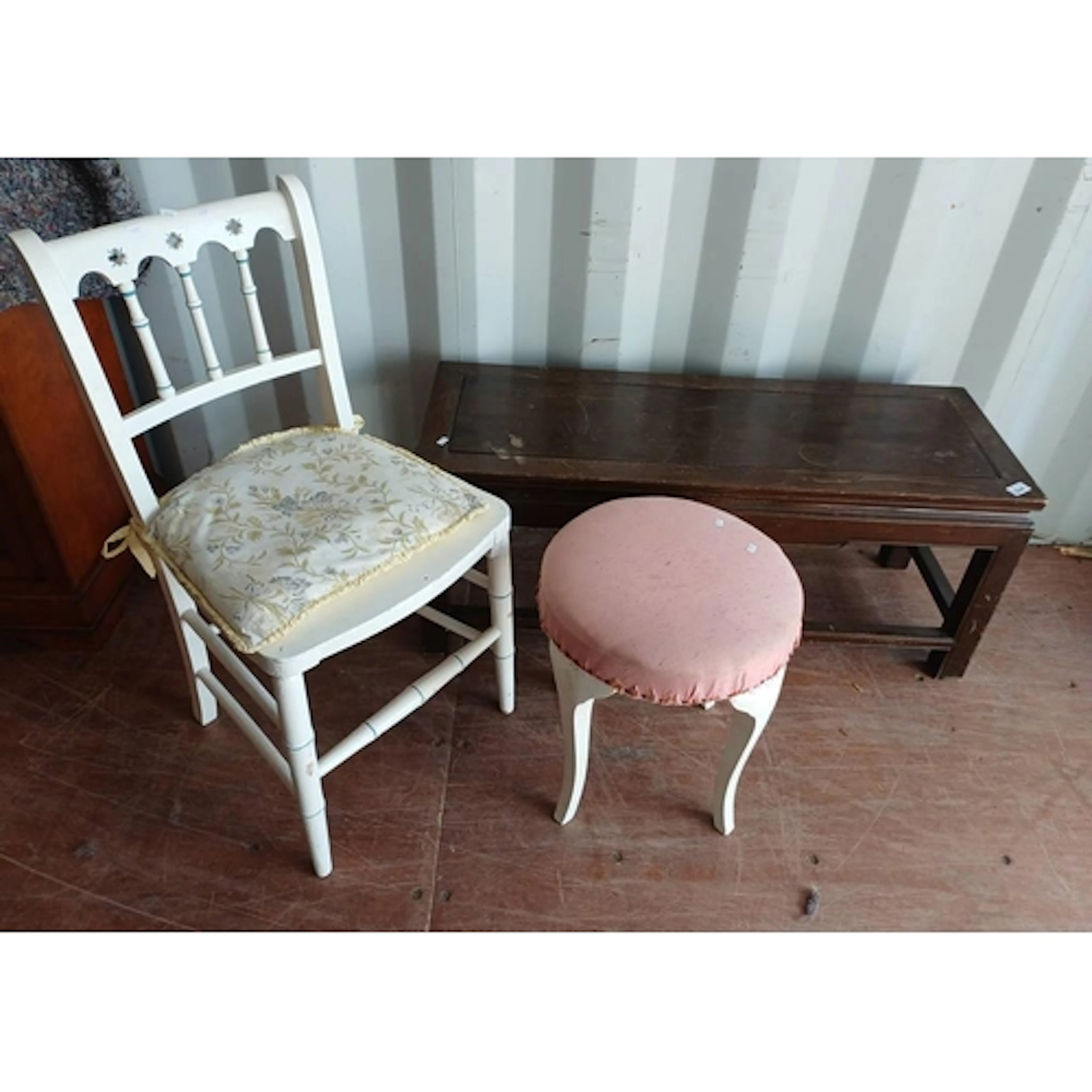 EASTERN HARDWOOD TABLE, PAINTED CIRCULAR STOOL & HAND CHAIR,...