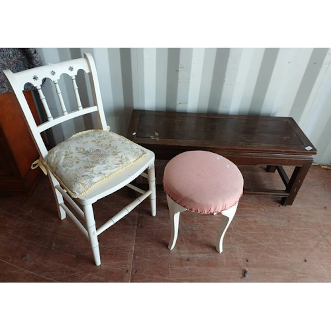 EASTERN HARDWOOD TABLE, PAINTED CIRCULAR STOOL & HAND CHAIR,...