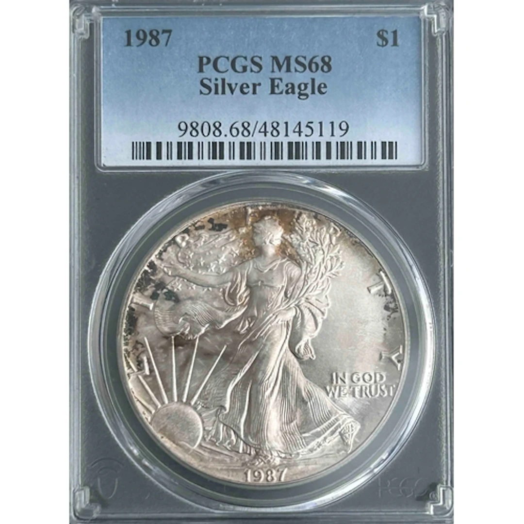 1987 USA $1 silver Eagle coin, slabbed and graded by P.C.G.S...
