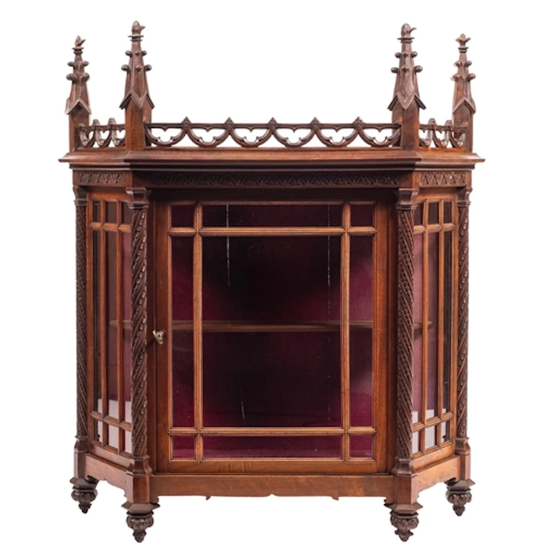 A walnut and glazed wall cabinet in Gothic style, late 19th ...
