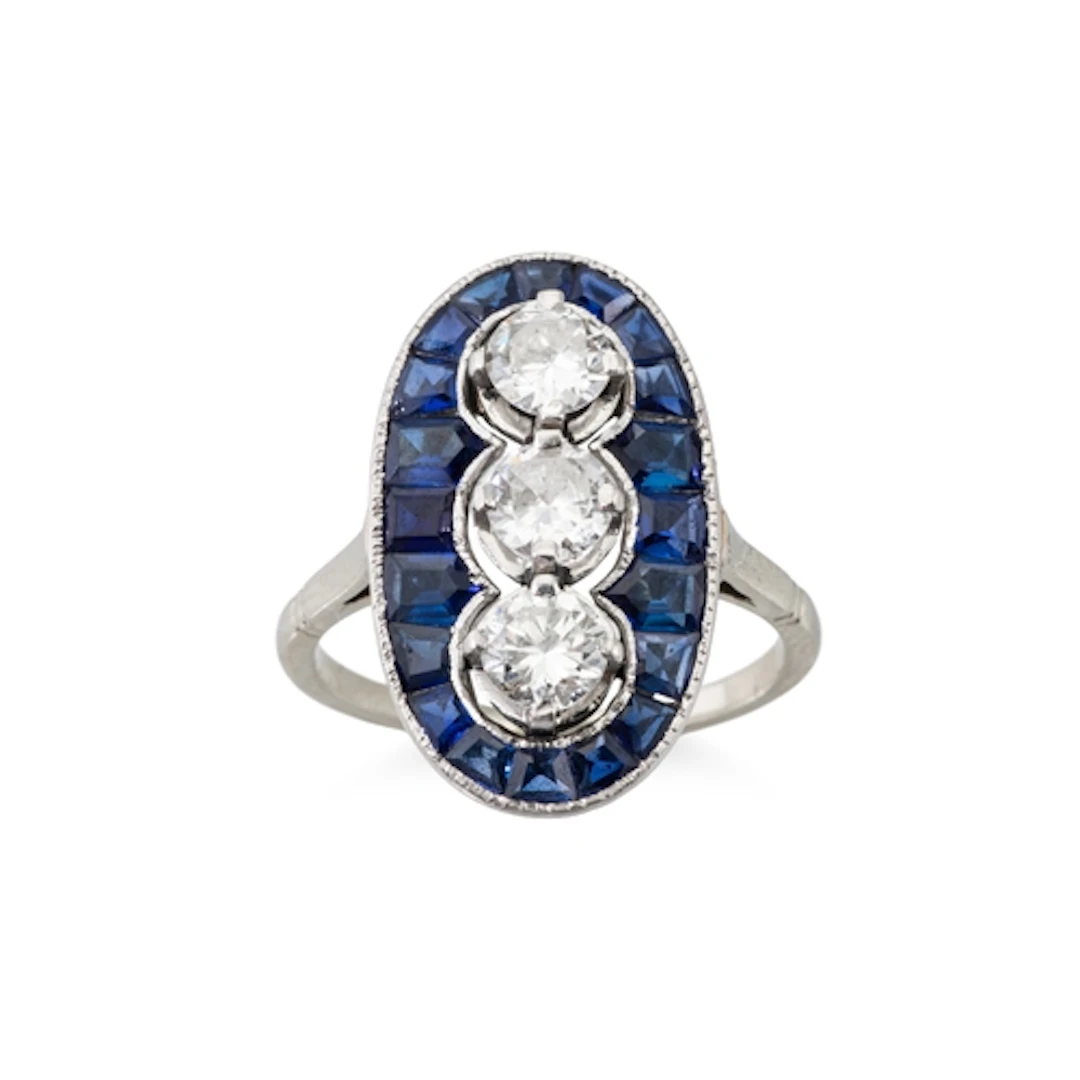 A CONTINENTAL ART DECO DIAMOND AND SYNTHETIC SAPPHIRE BOAT-S...