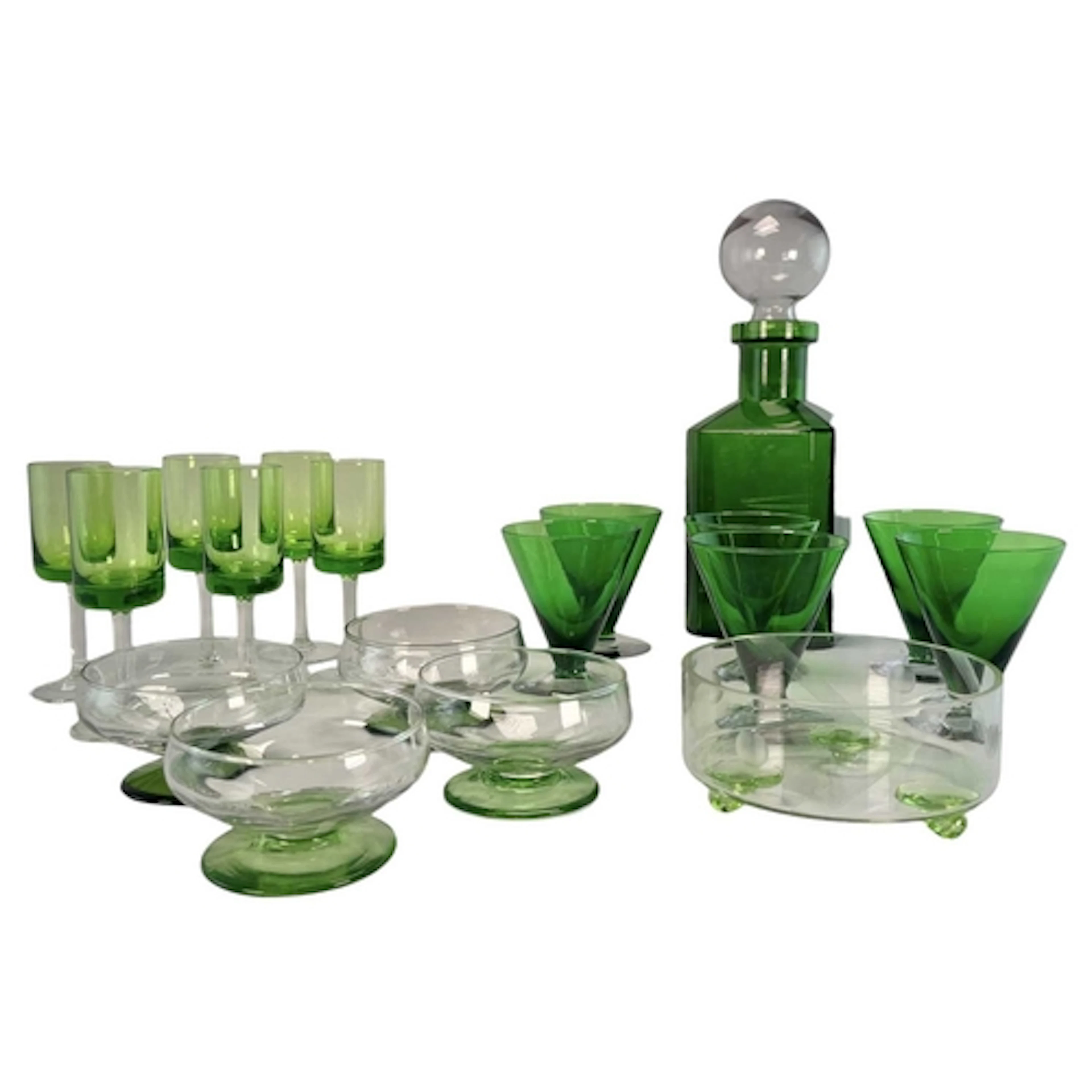 A vintage mid to late 20th century green glass decanter, tog...