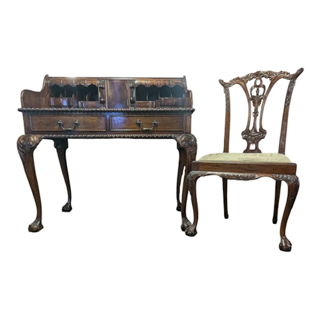 A Chippendale revival mahogany writing desk with chair. Roll...