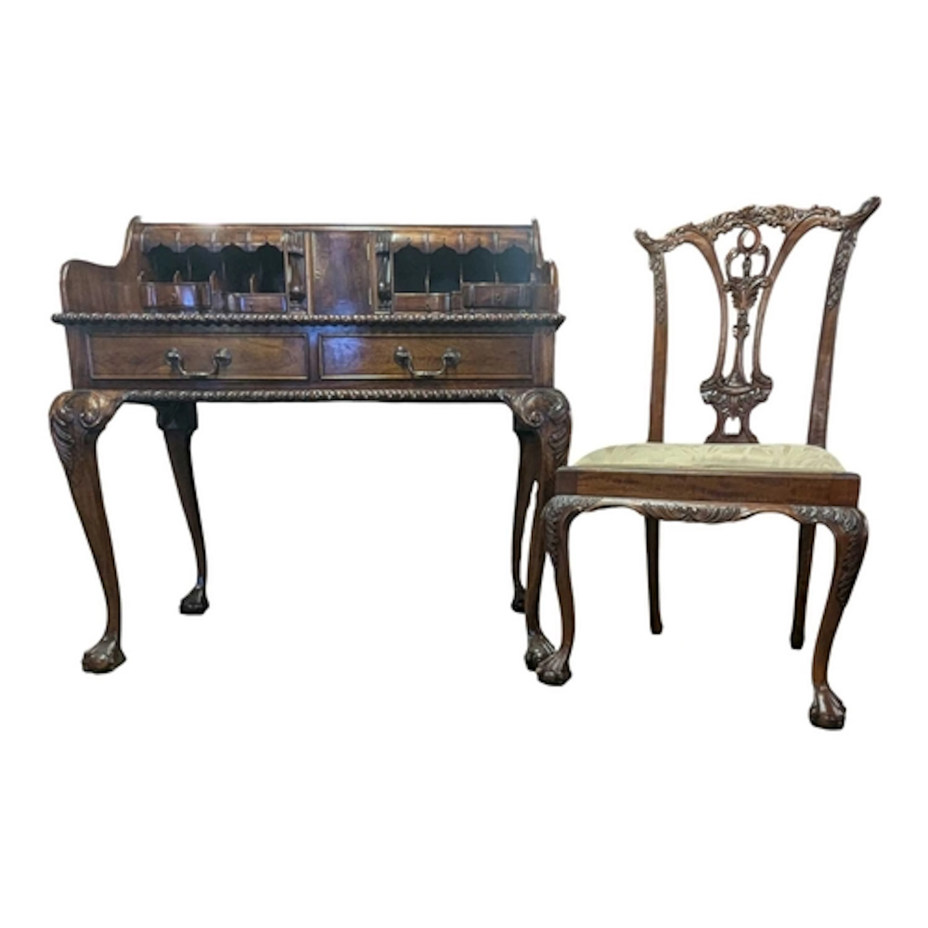 A Chippendale revival mahogany writing desk with chair. Roll...