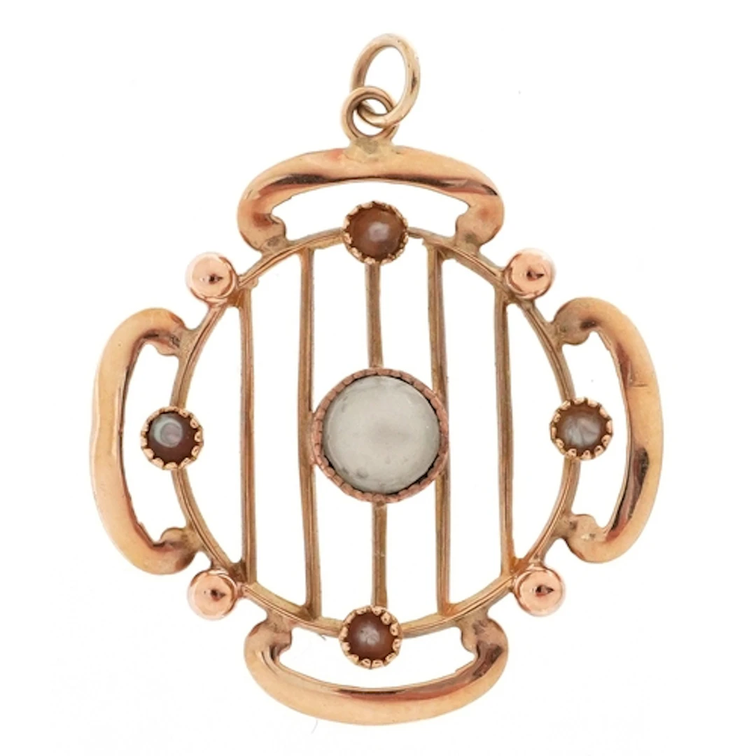 Art Nouveau style unmarked gold seed pearl openwork pendant,...