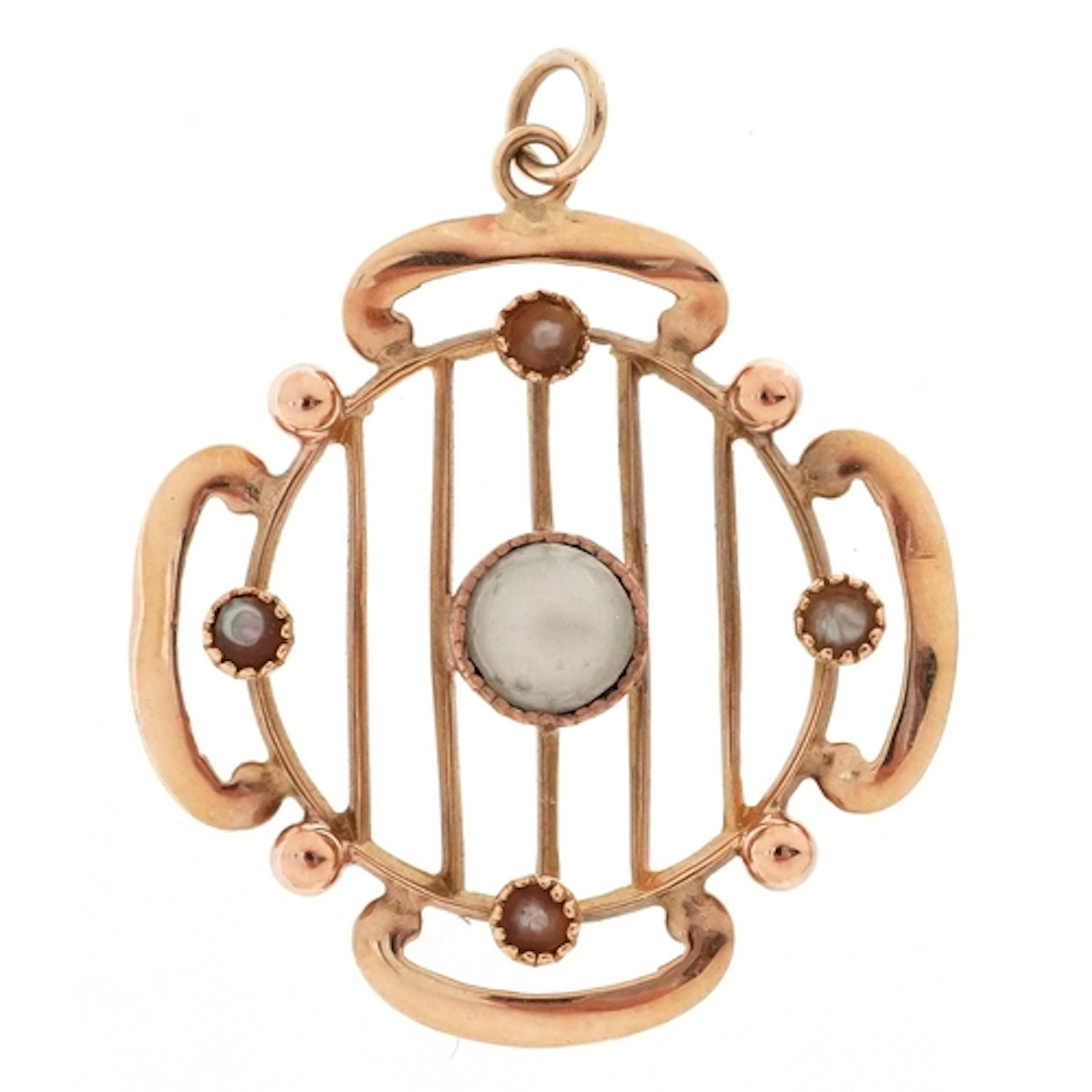 Art Nouveau style unmarked gold seed pearl openwork pendant,...