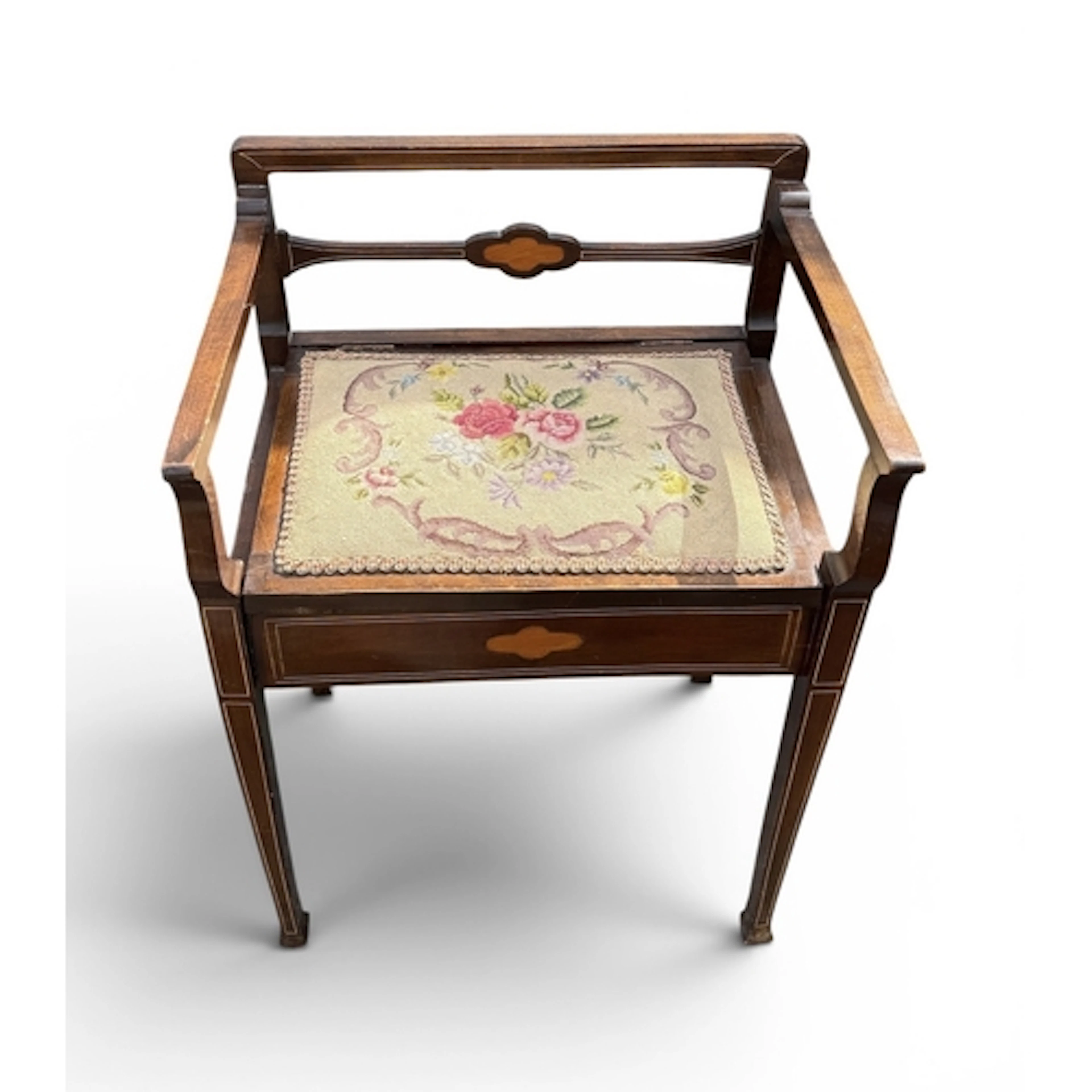 AN EDWARDIAN PIANO STOOL WITH UPHOLSTERED SEAT 72cm x 51cm x...