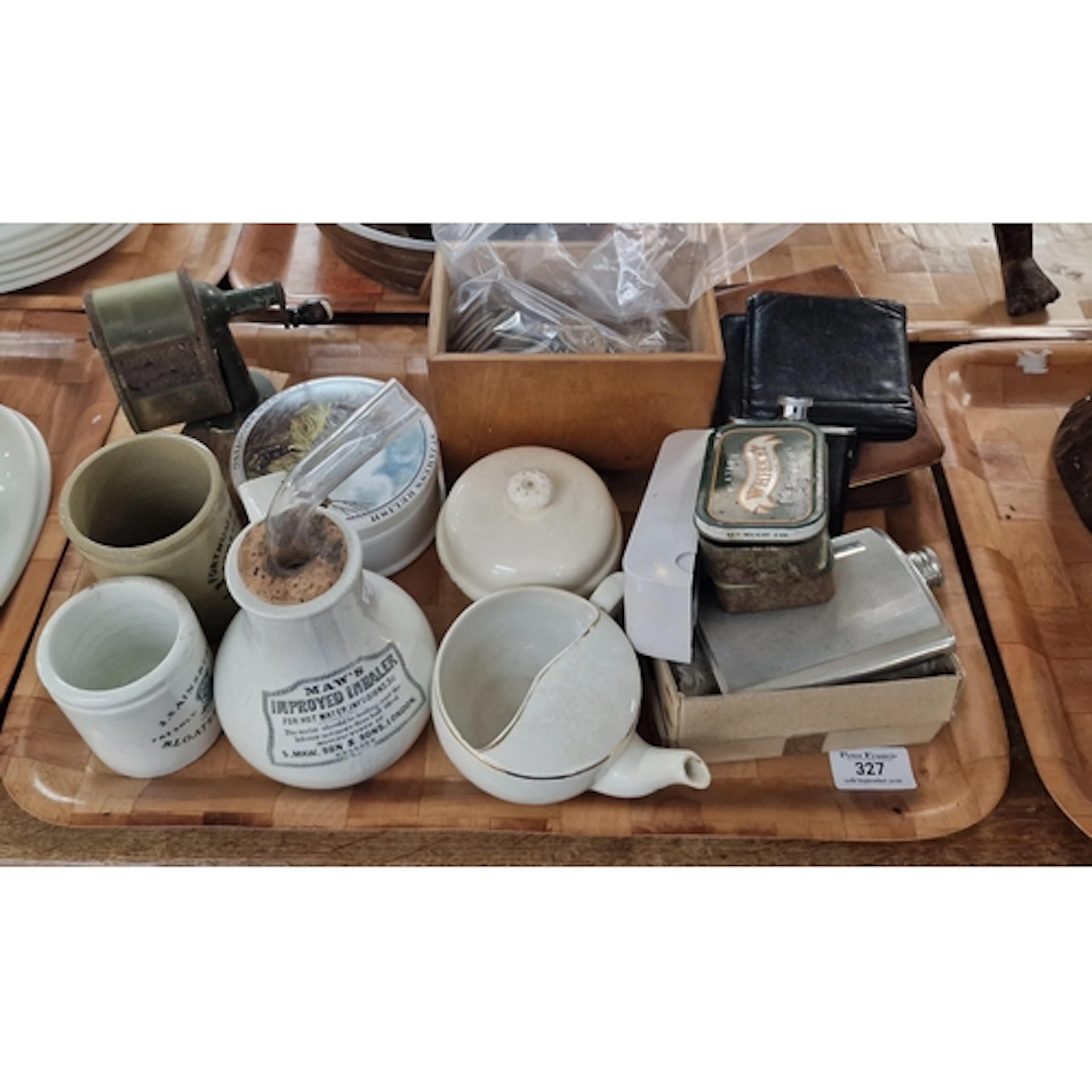 Tray of assorted items, to include pewter hip flasks and a R...