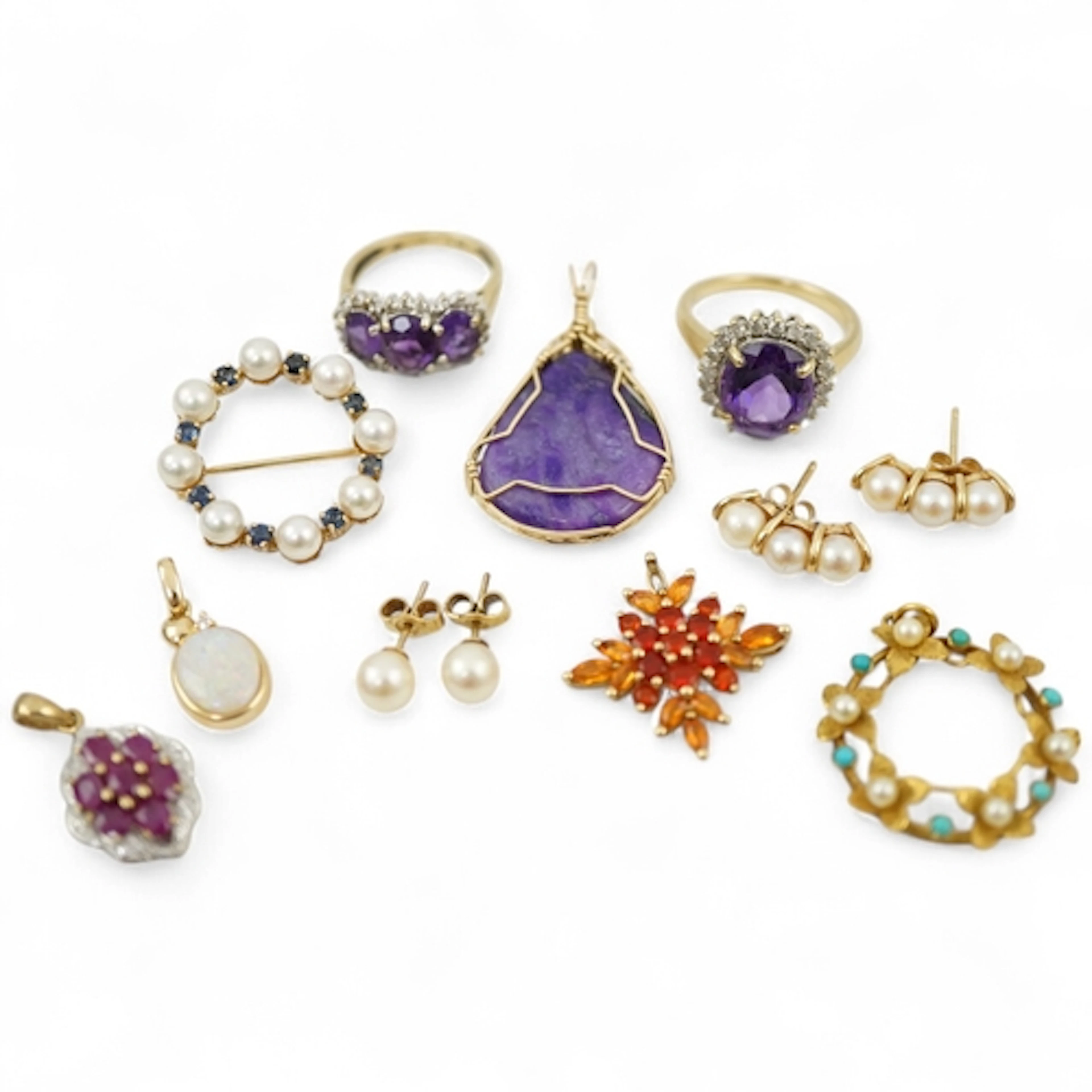 A collection of jewels, comprising: two amethyst and diamond...