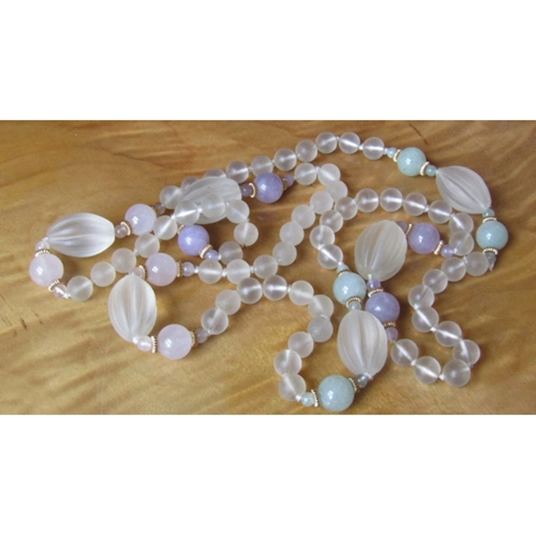 Unusual Polished Bead Ladies Necklace Jade and Quartz with G...