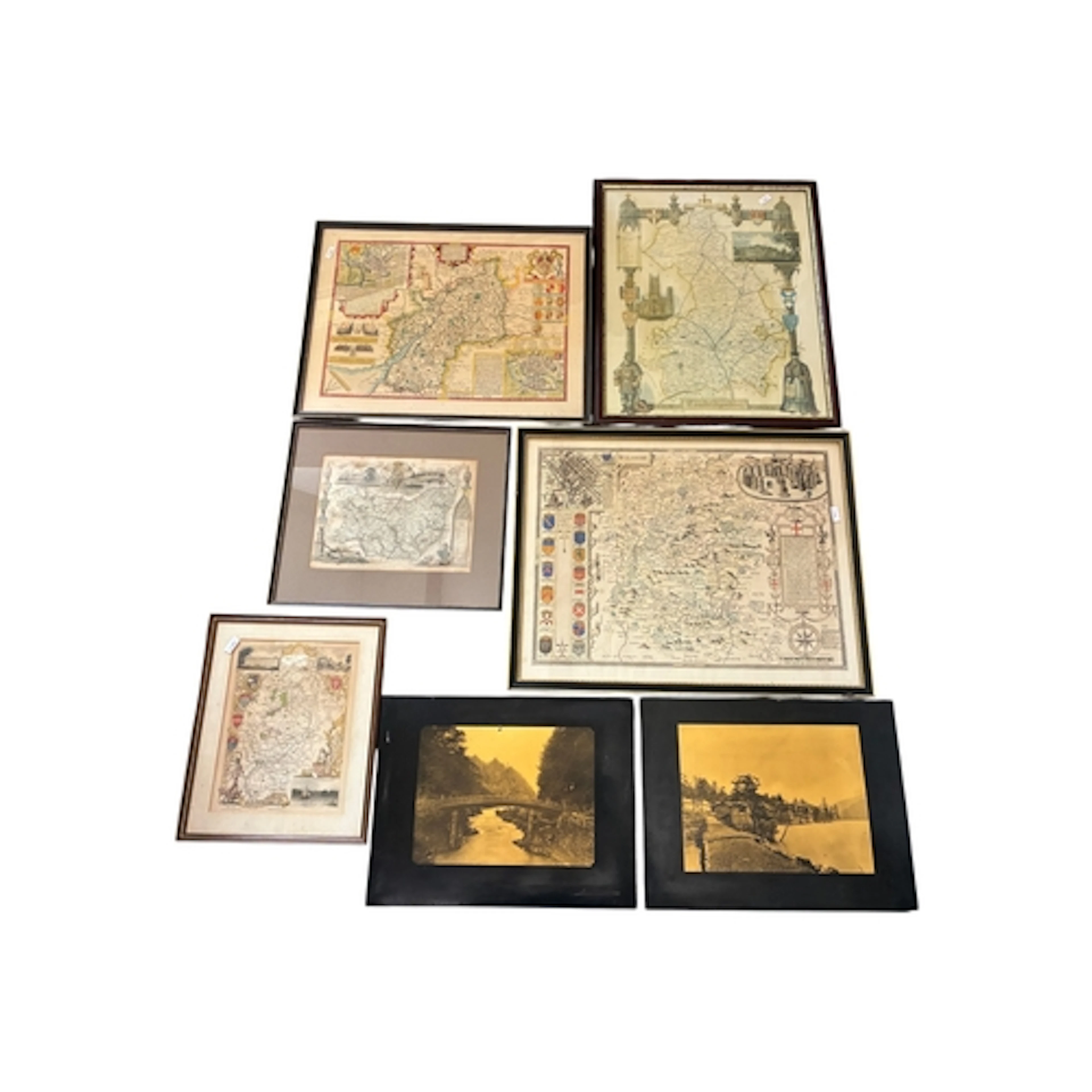 Five reproduction county maps and two decorative panel with ...