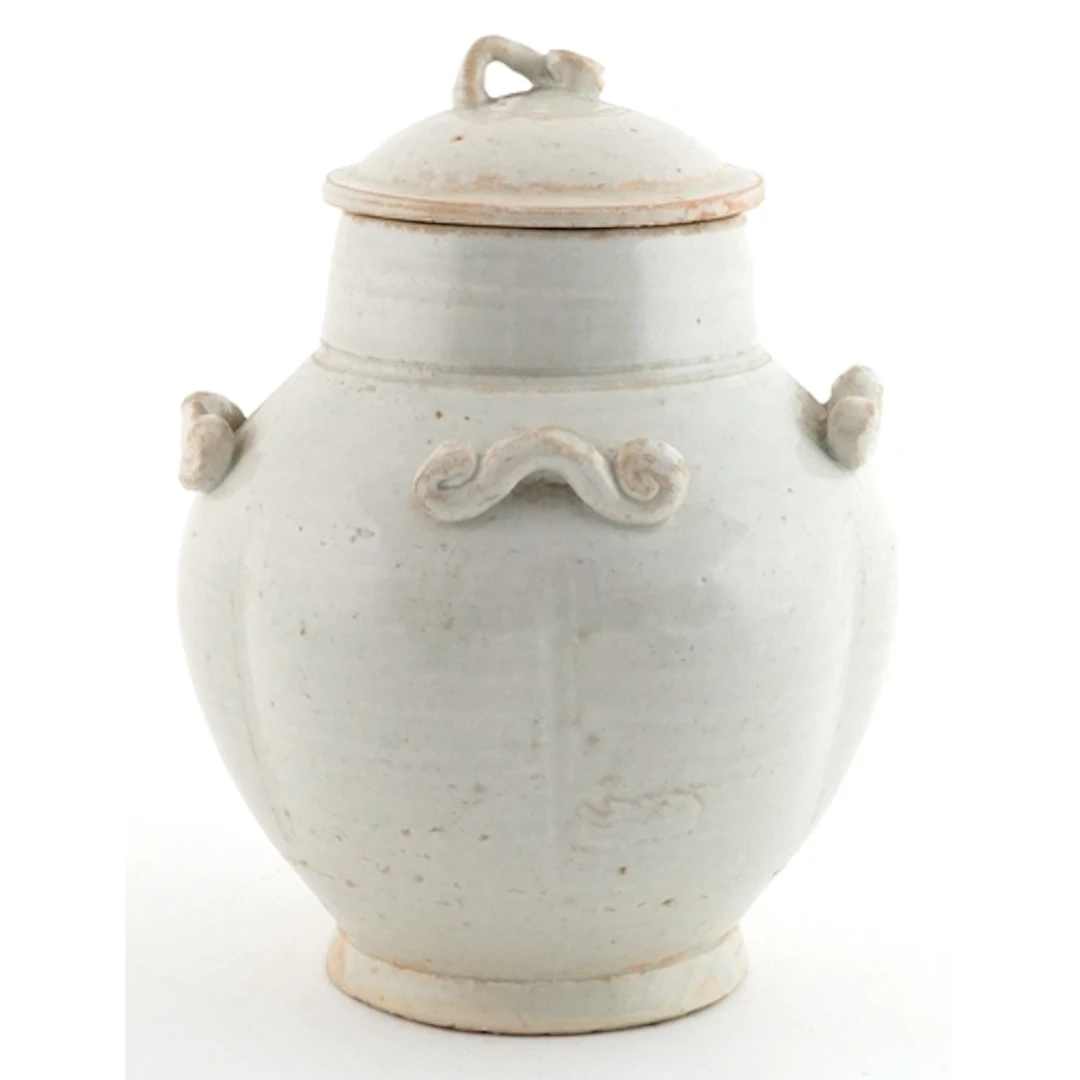 Chinese porcelain pale glazed celadon jar and cover with scr...