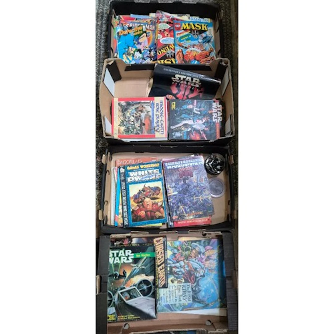 four boxes of assorted vintage comics, role playing books & ...