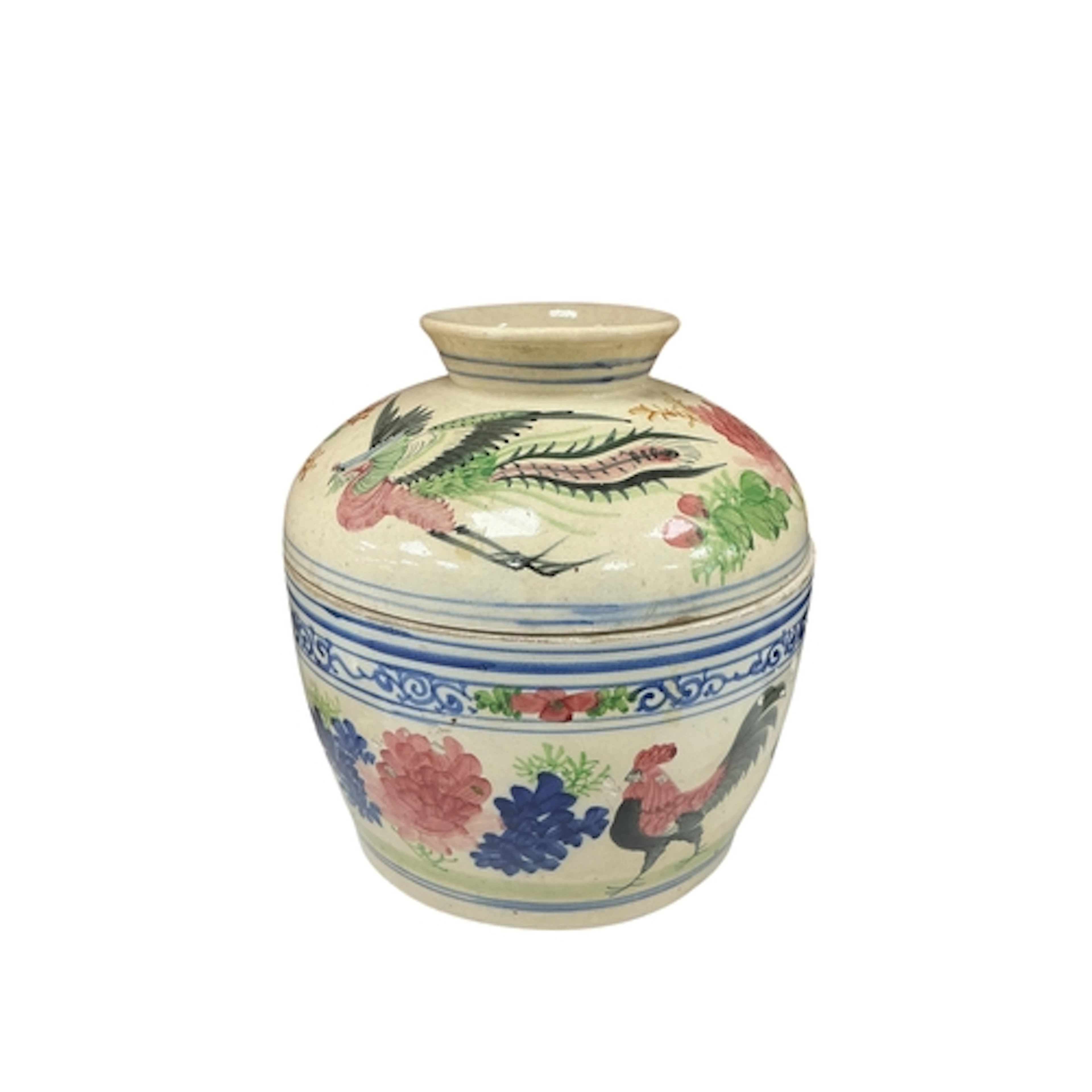 A Chinese pottery jar and cover hand painted with flowers, b...