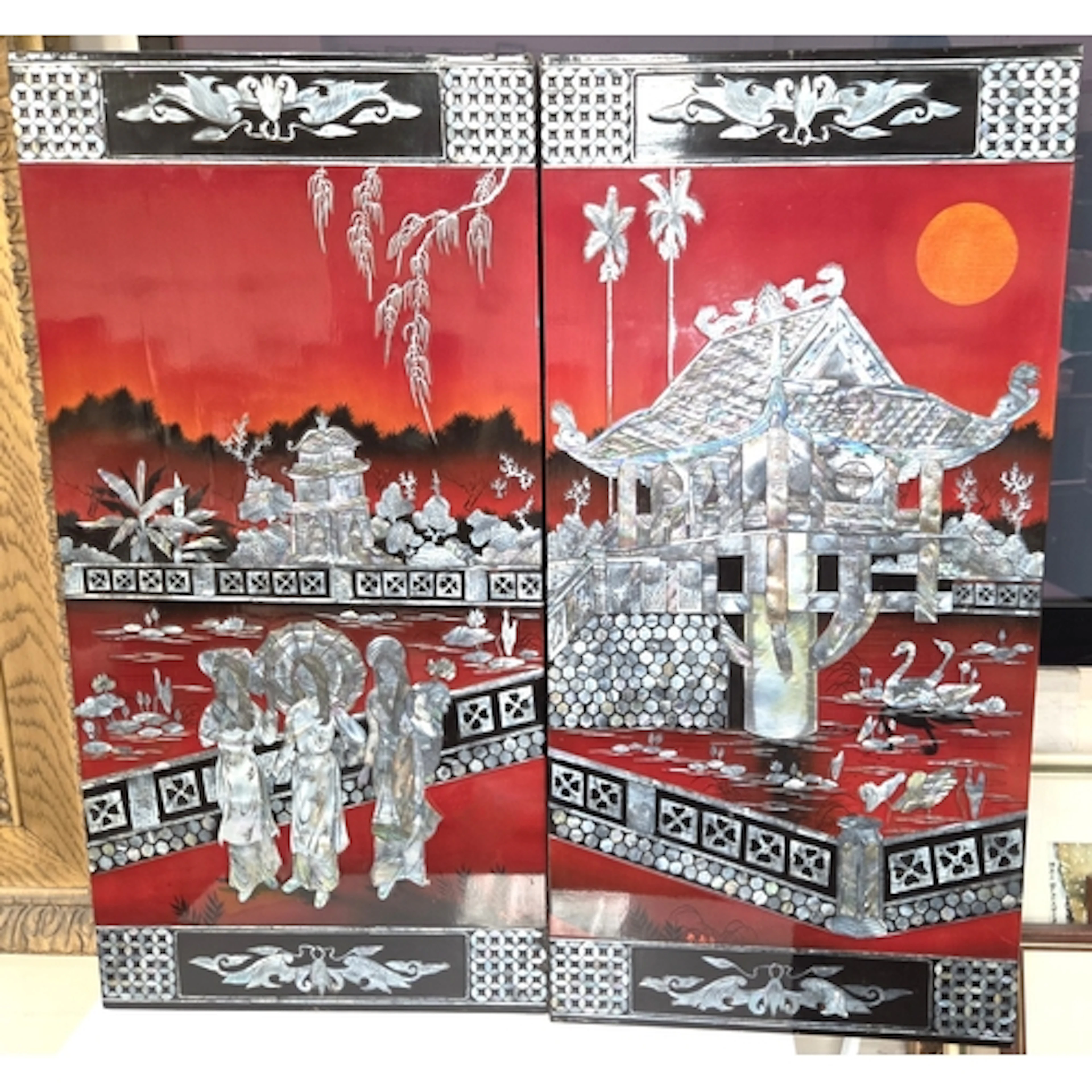4 modern Chinese decorative plaques and mother of pearl pane...