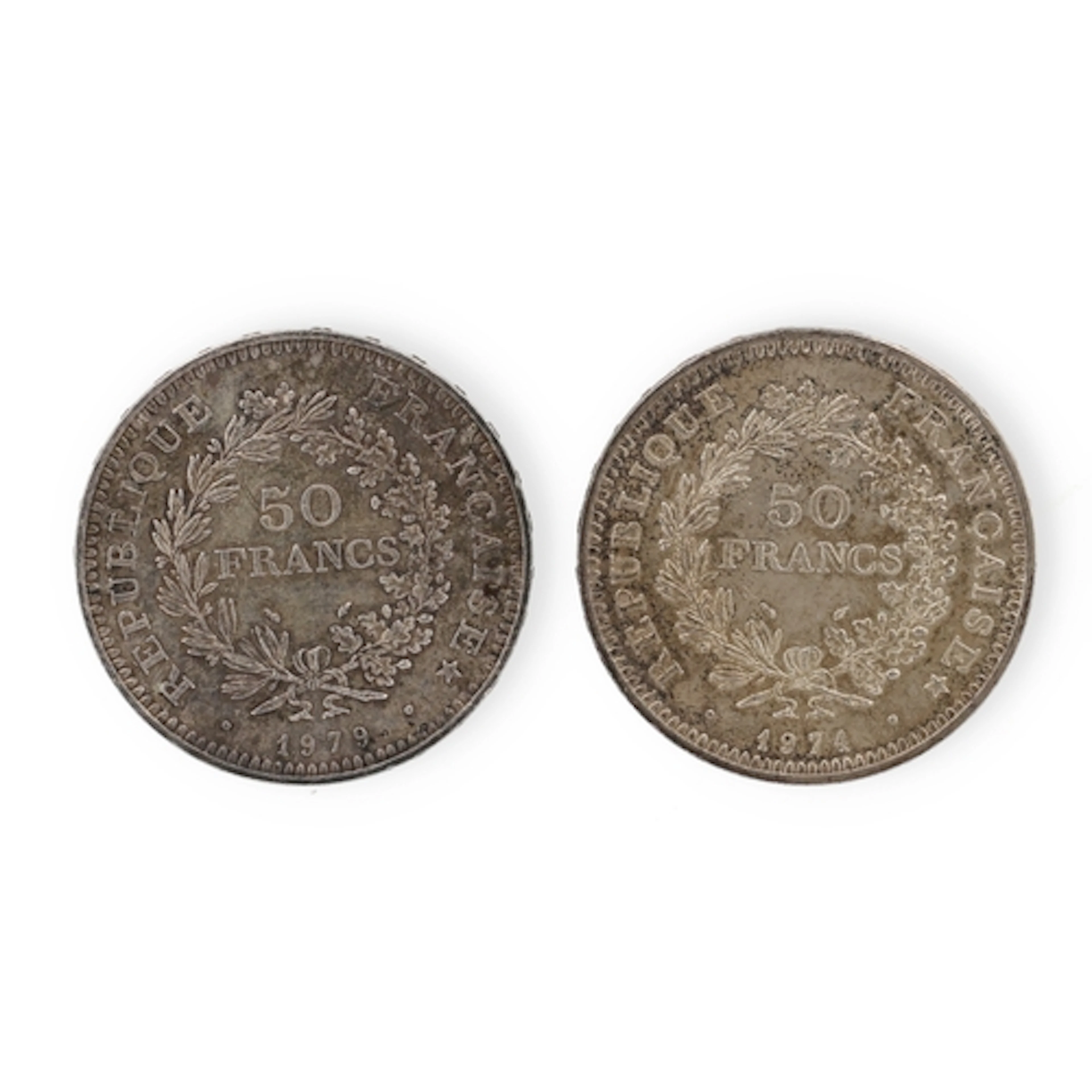 TWO FRENCH 50 FRANCS SILVER COINS 1979, 60.5gms