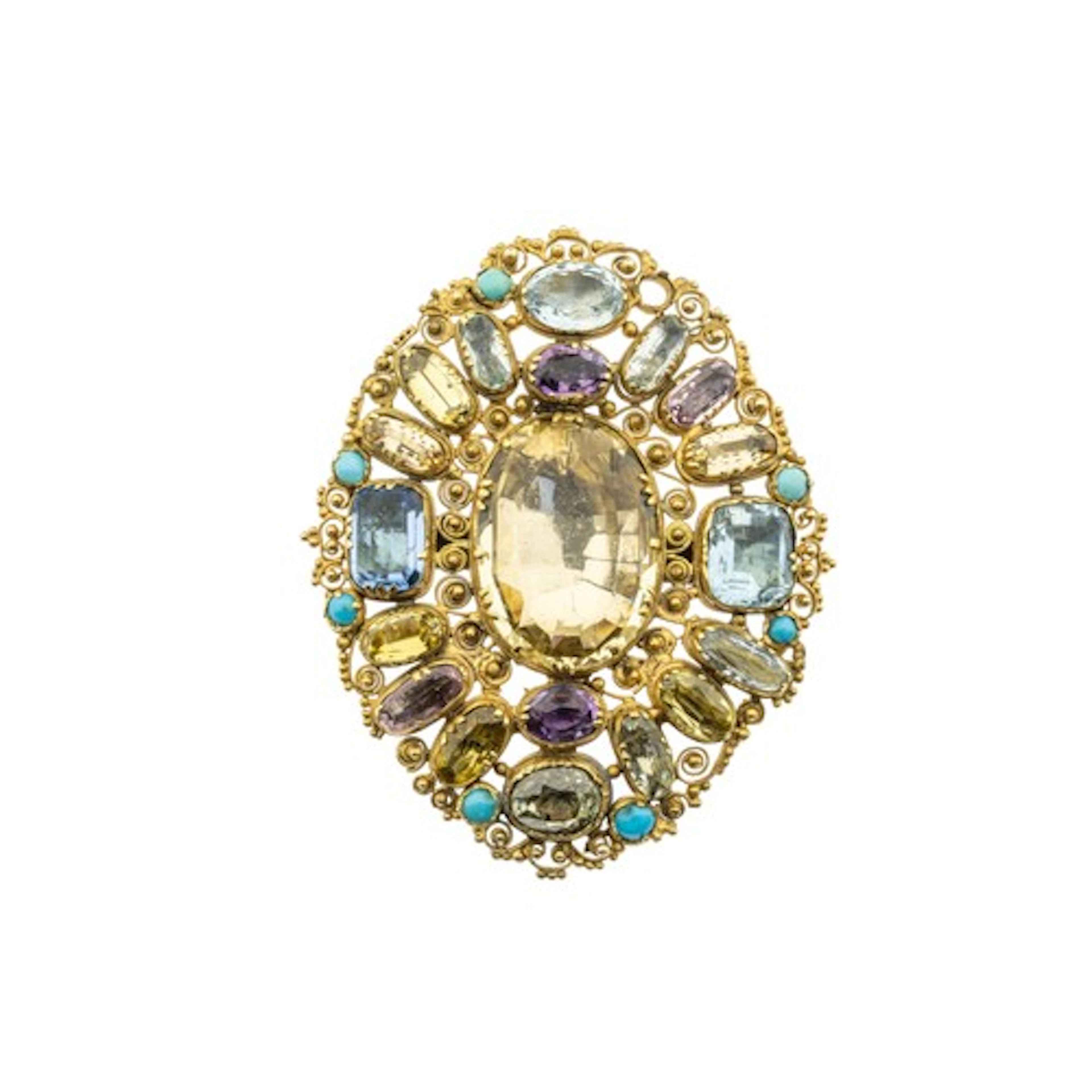 AN EARLY 19TH CENTURY MULTI GEM SET CANNETILLE BROOCH/BRACEL...