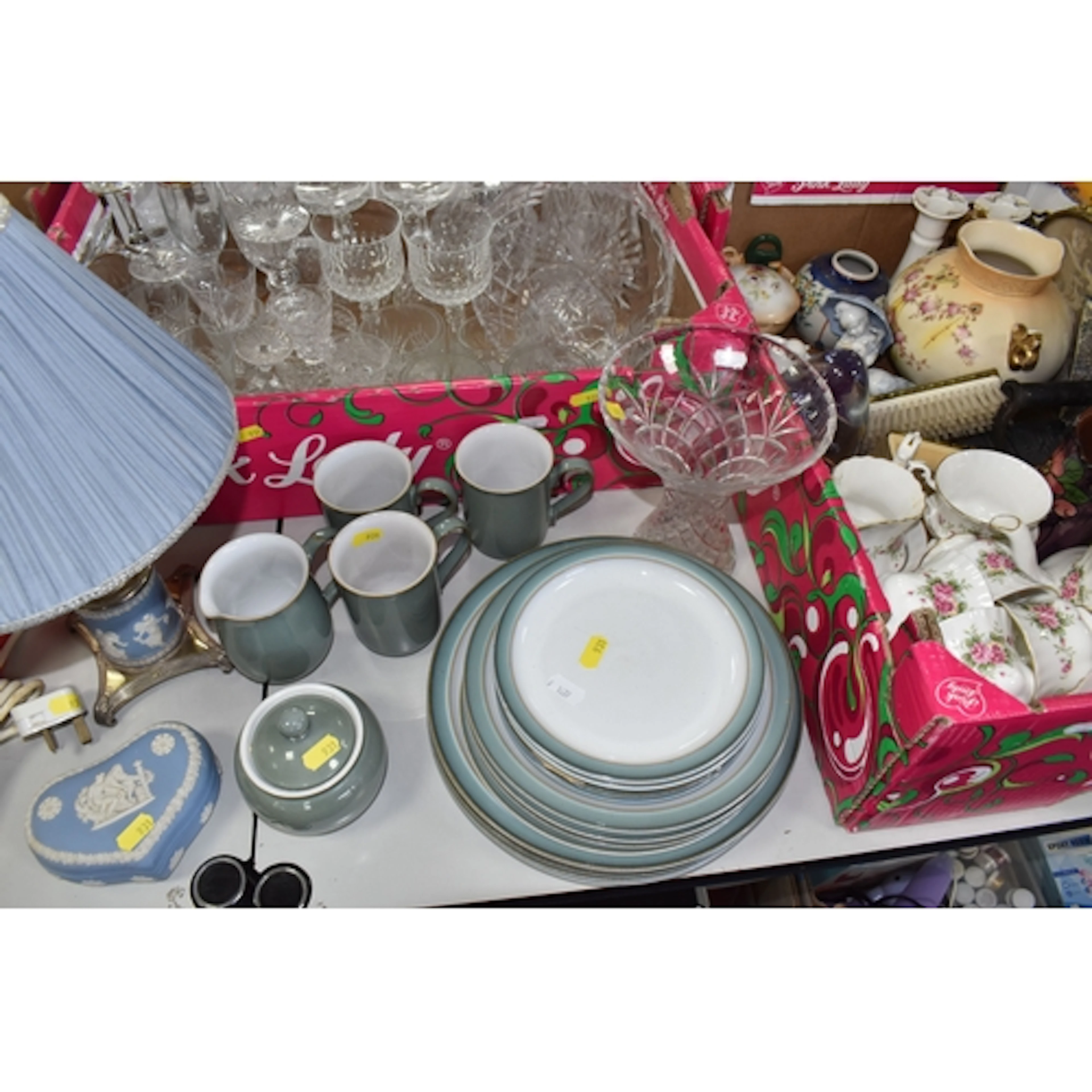 TWO BOXES AND LOOSE CERAMICS, GLASS AND SUNDRY ITEMS, to inc...
