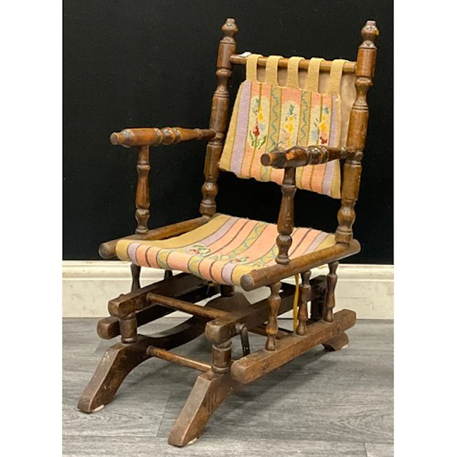A child's American rocking chair, tapestry panel upholstery ...