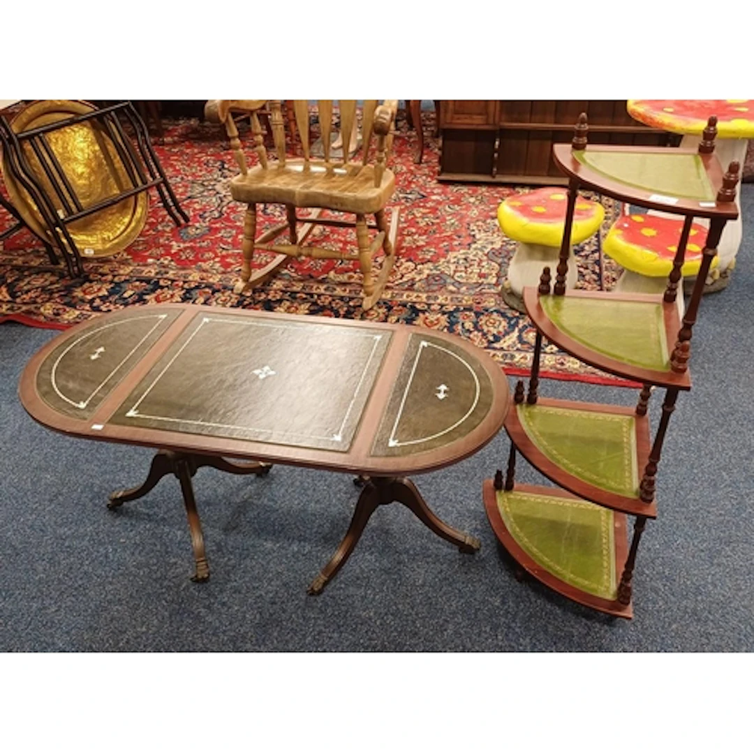 MAHOGANY 4 TIER CORNER WHATNOT WITH LEATHER INSETS & TWIN PE...