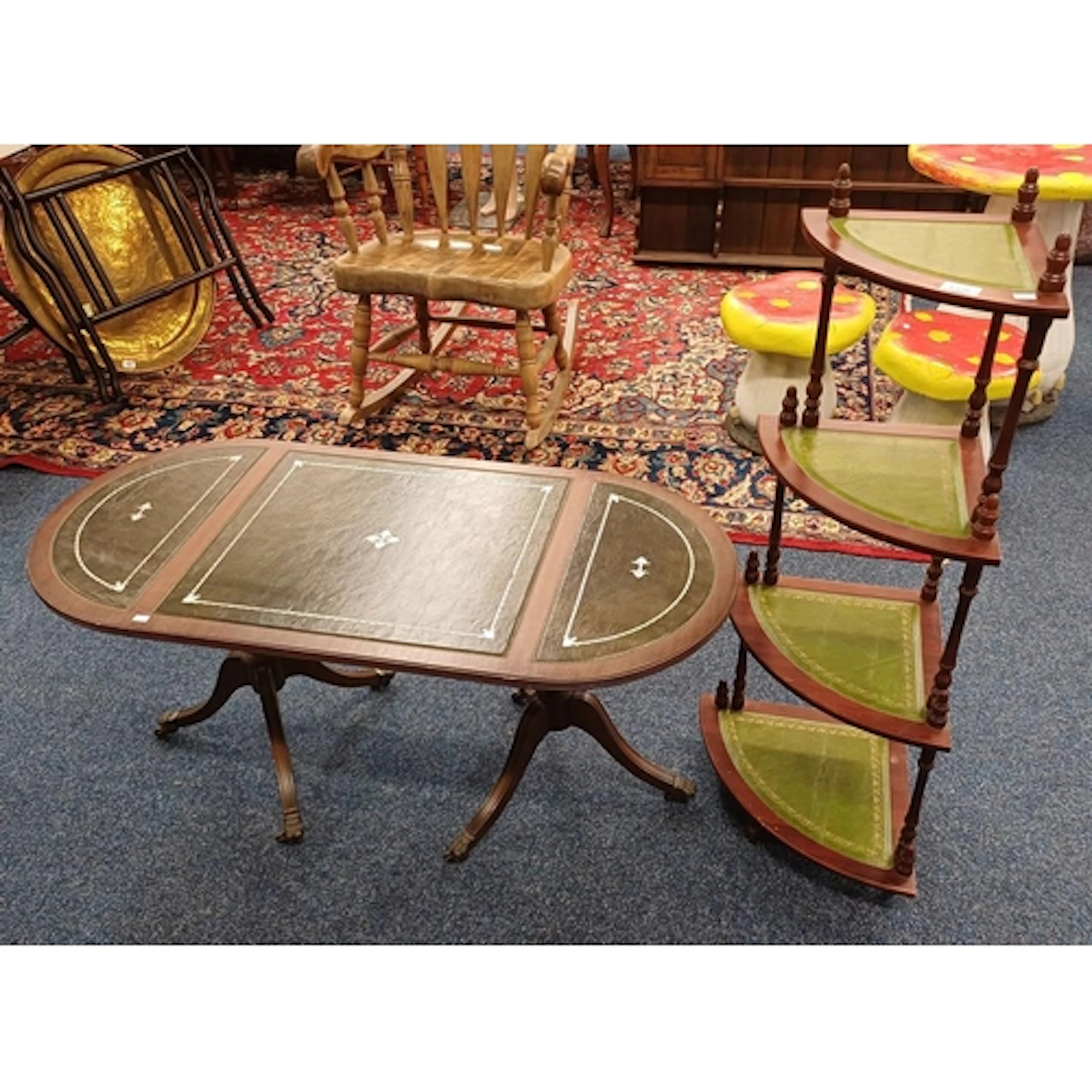 MAHOGANY 4 TIER CORNER WHATNOT WITH LEATHER INSETS & TWIN PE...