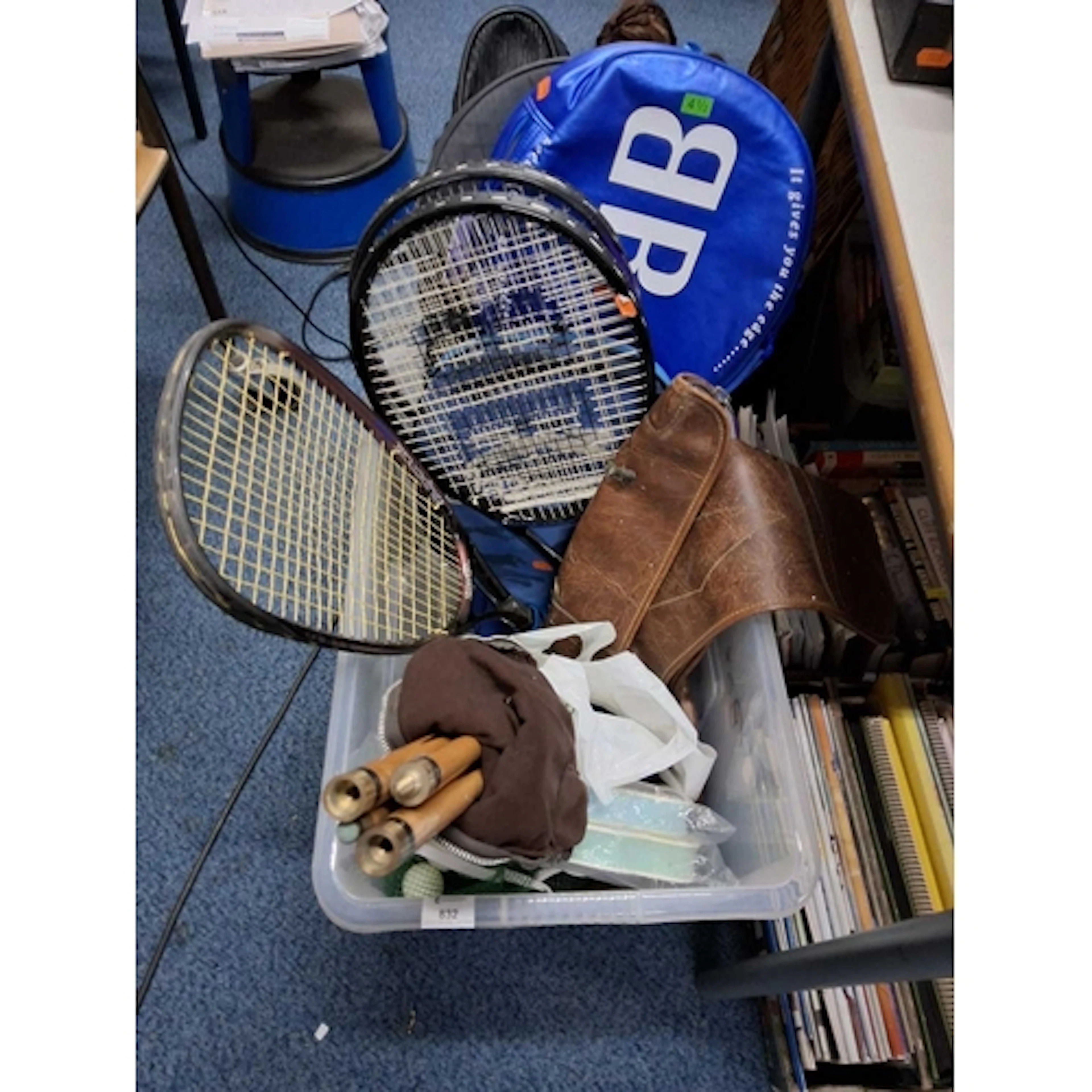 ONE BOX OF SPORTING RELATED ITEMS comprising several tennis ...